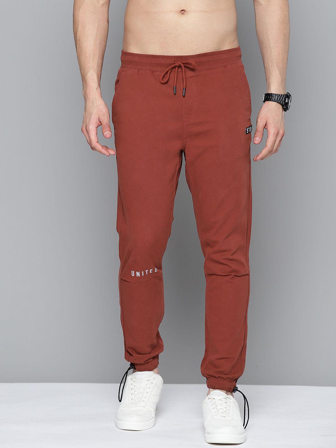 here&now men rust brown solid joggers trousers