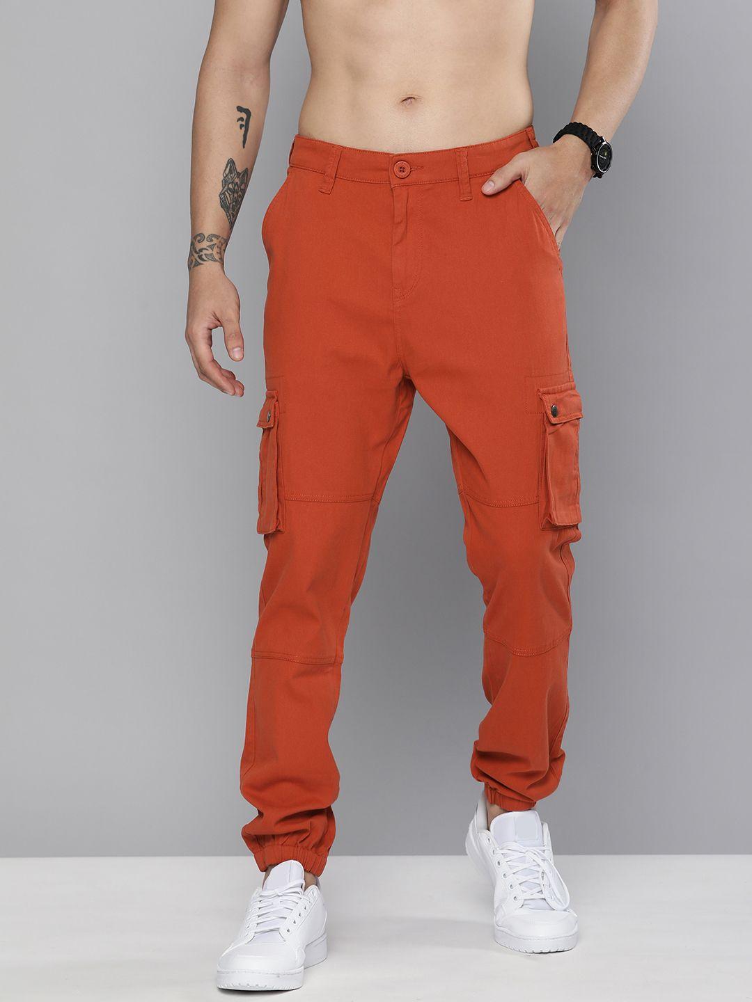 here&now men rust solid casual cargos trousers