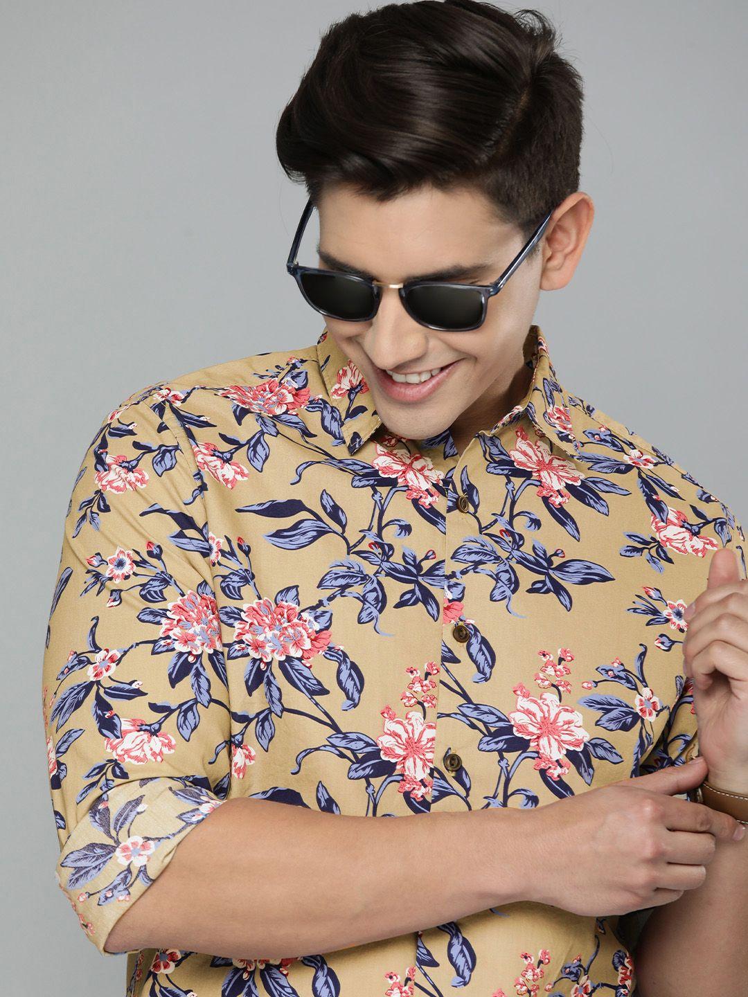 here&now men slim fit floral printed casual shirt