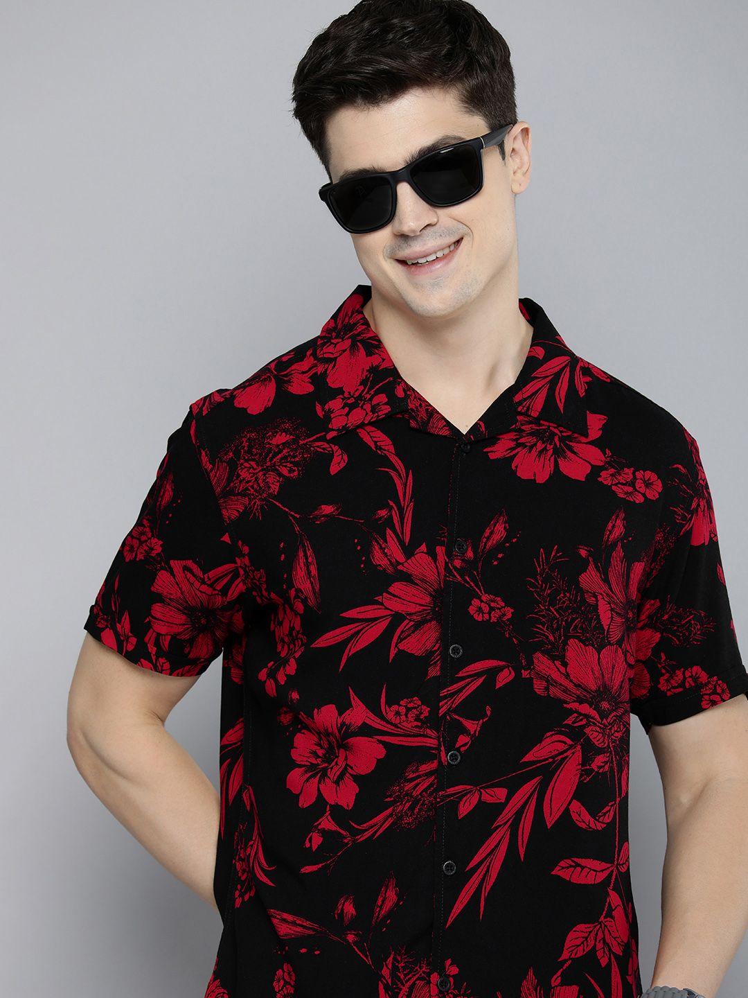 here&now men slim fit floral printed cuban collar casual shirt