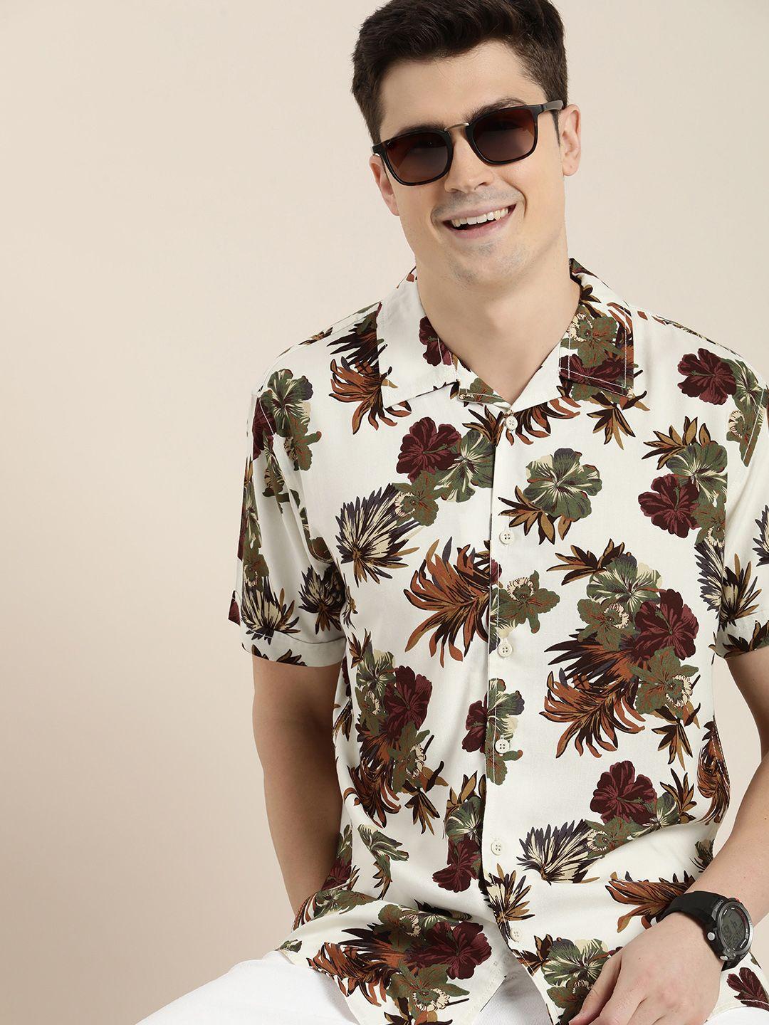 here&now men slim fit floral printed opaque casual shirt