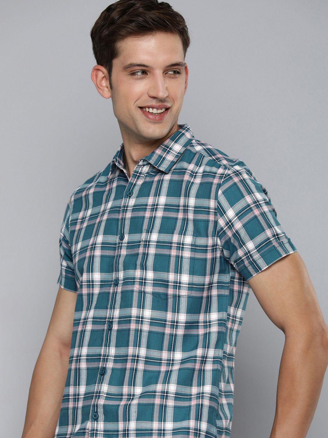 here&now men slim fit opaque checked casual shirt