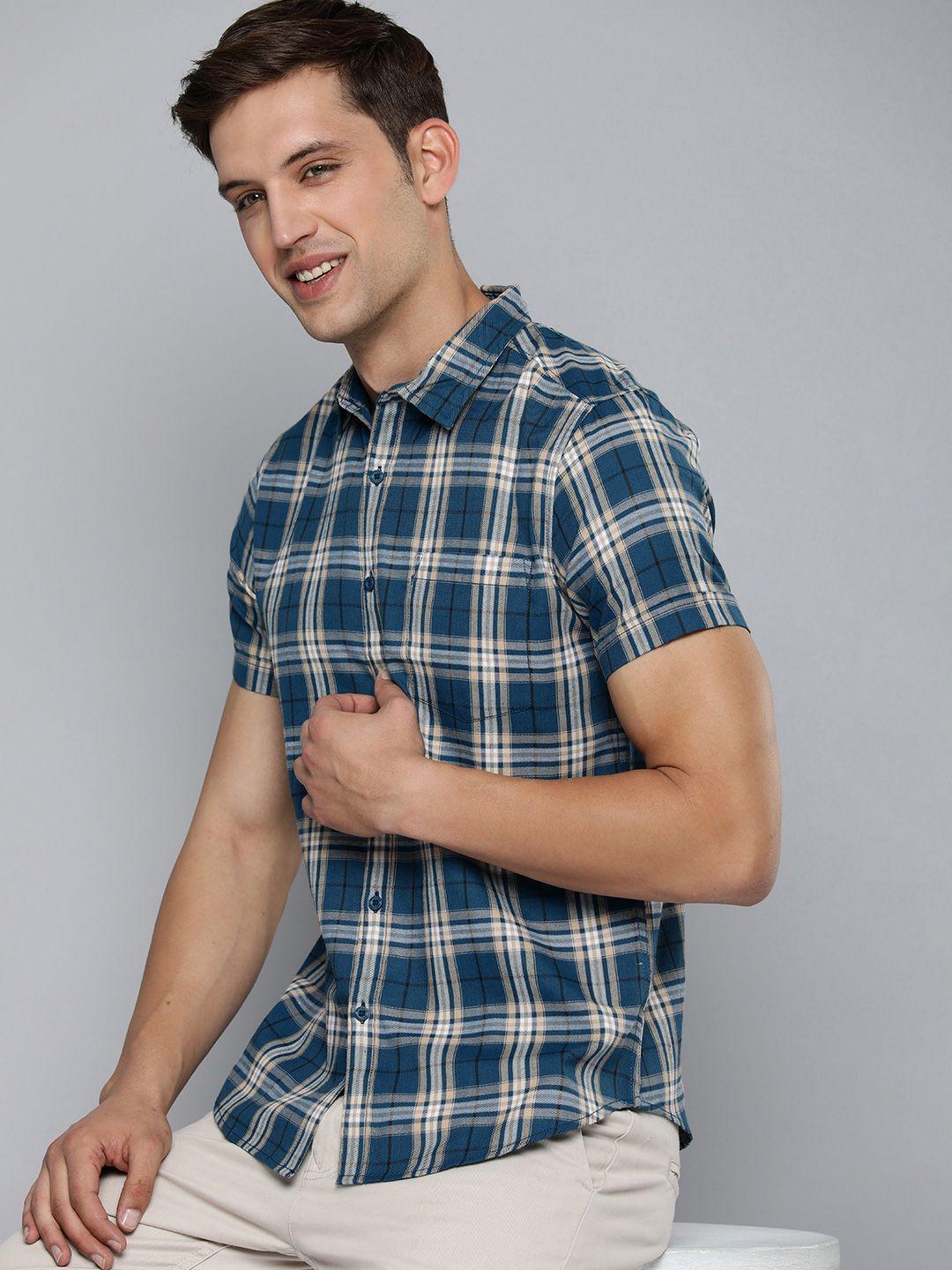 here&now men slim fit opaque checked casual shirt