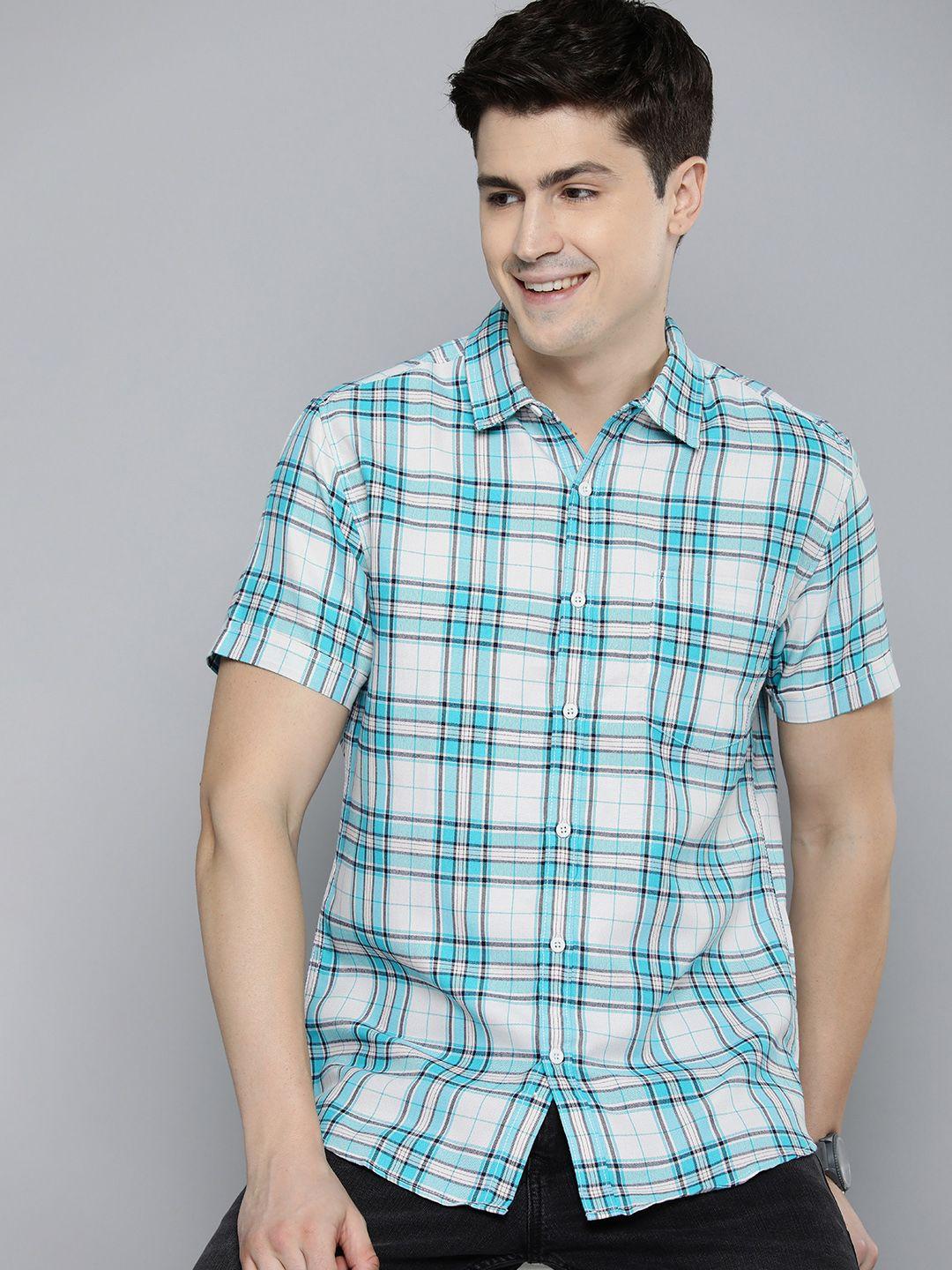 here&now men slim fit opaque checked casual shirt