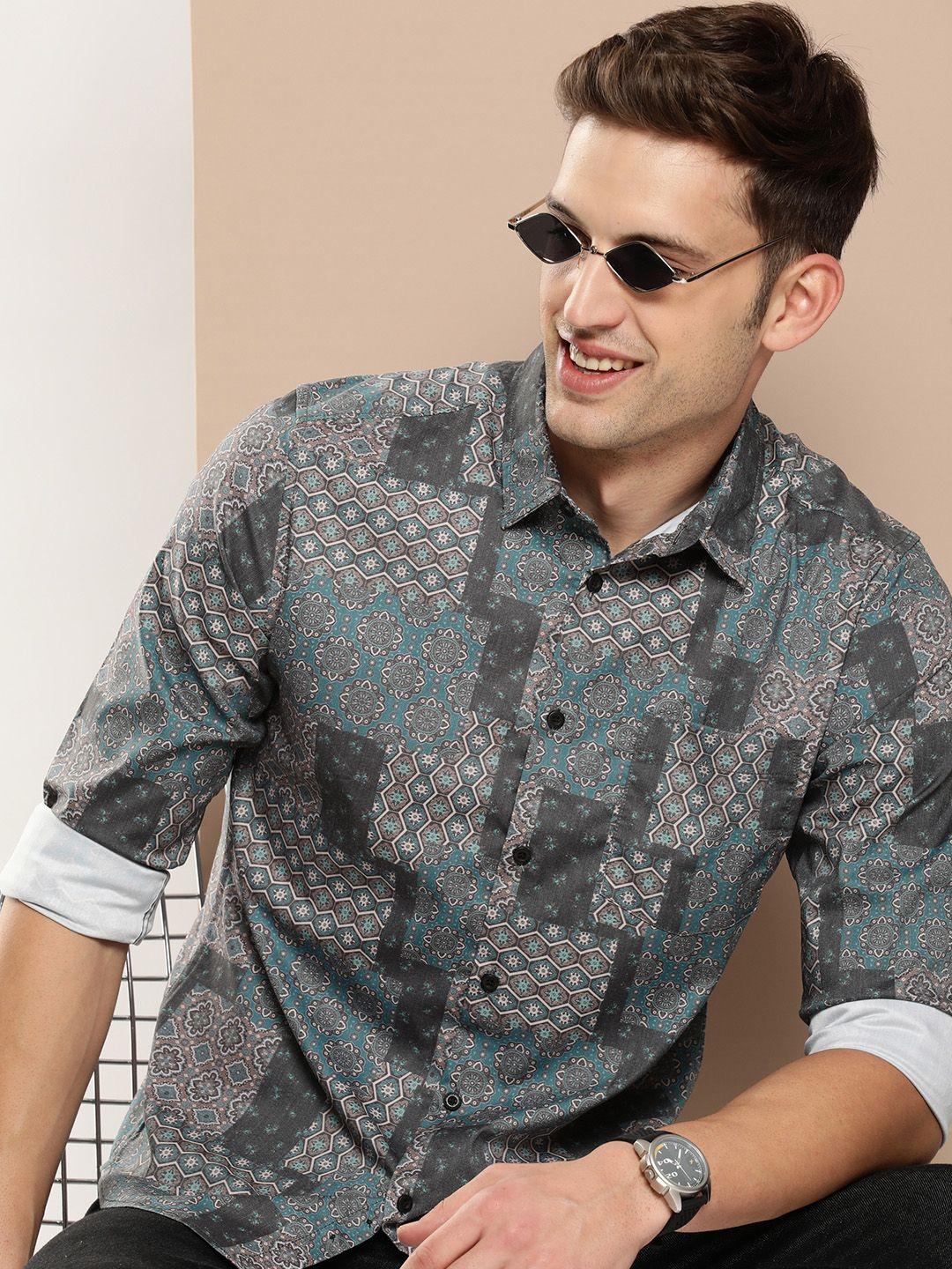 here&now men slim fit opaque printed casual shirt