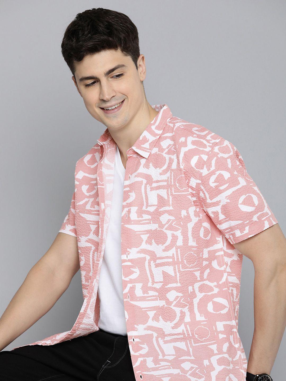 here&now men slim fit opaque printed cotton casual shirt