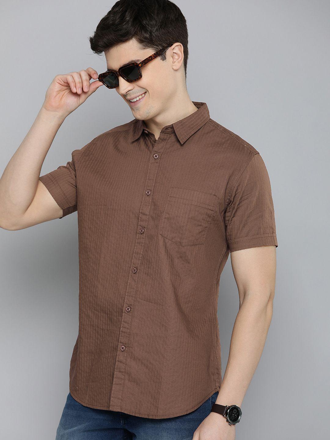 here&now men slim fit opaque striped casual shirt