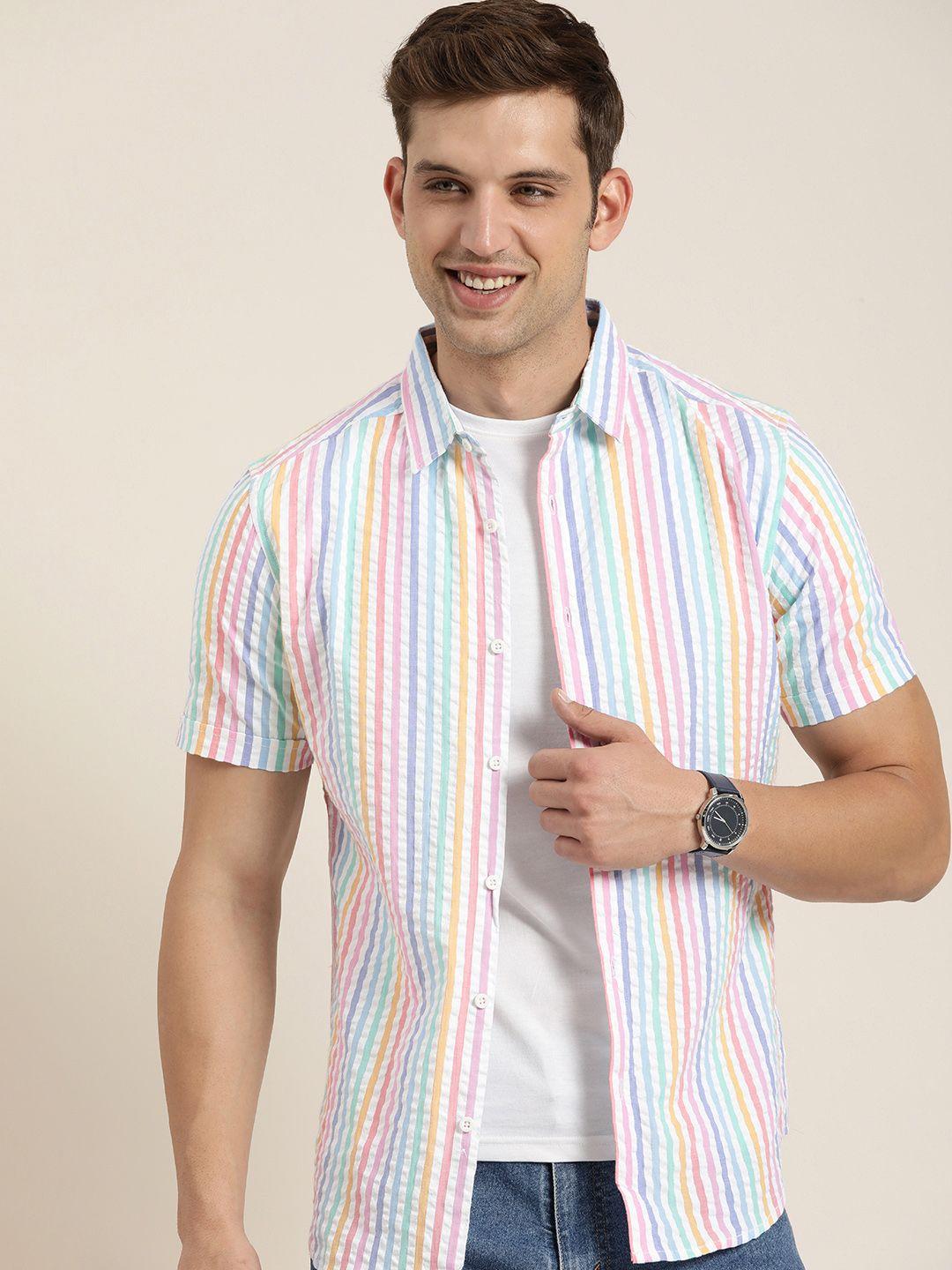here&now men slim fit opaque striped casual shirt