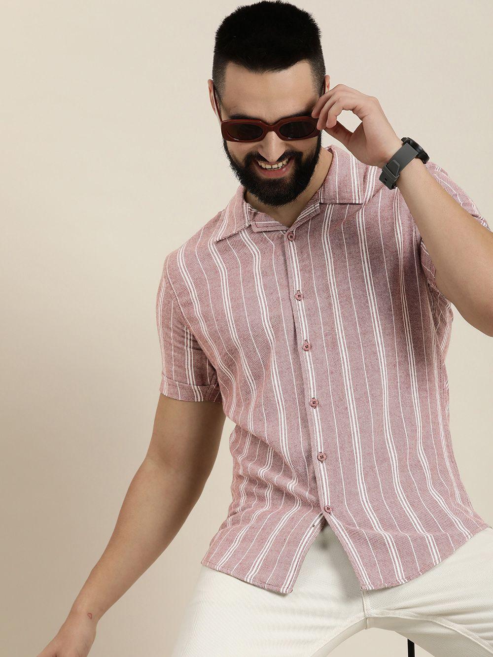 here&now men slim fit opaque striped casual shirt