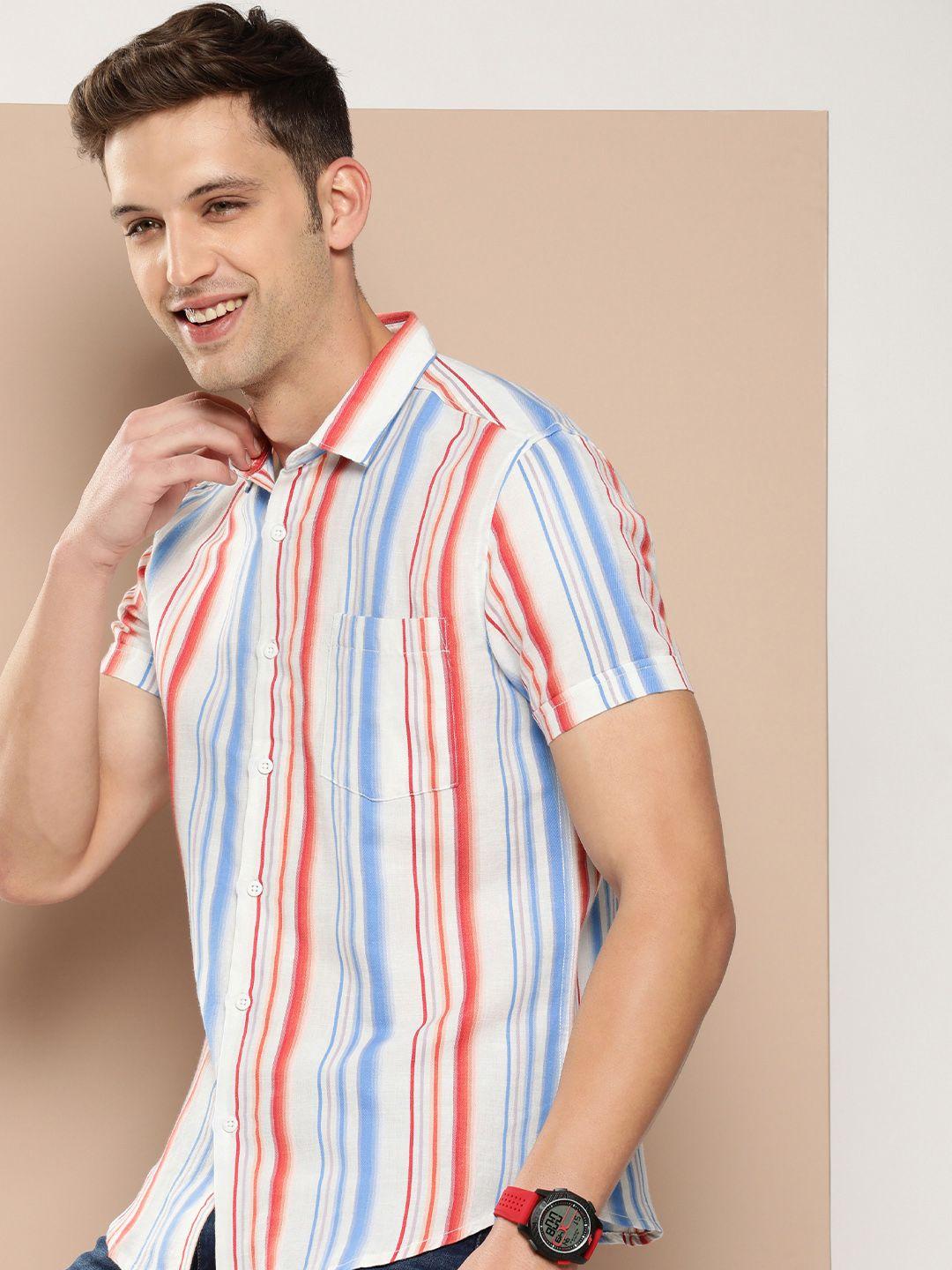 here&now men slim fit opaque striped cotton linen casual shirt