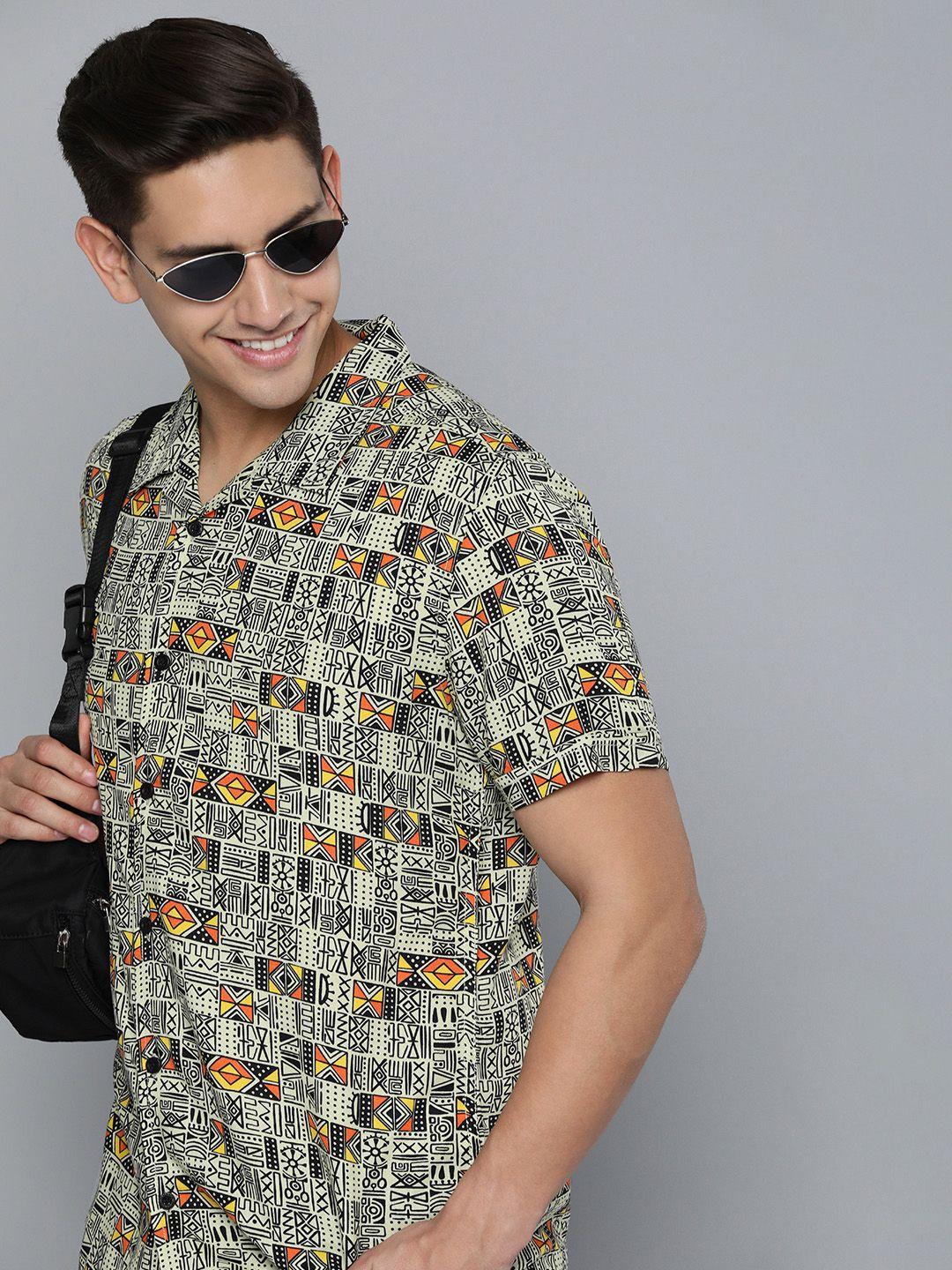 here&now men slim fit printed casual shirt