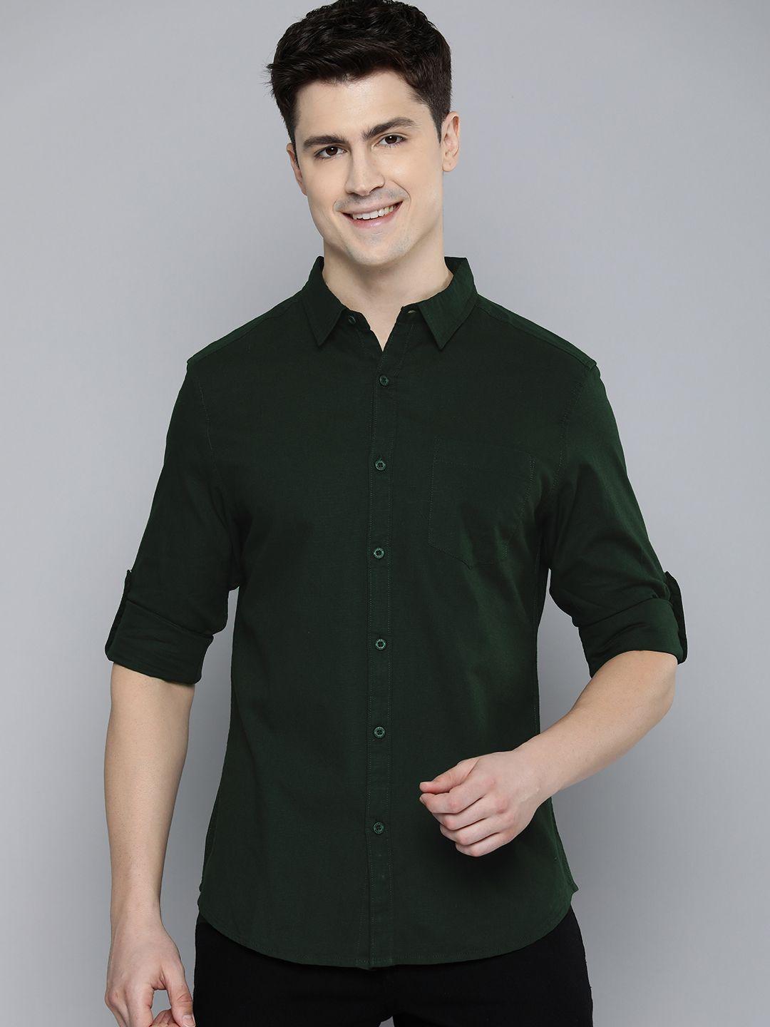 here&now men slim fit roll-up sleeves opaque casual shirt