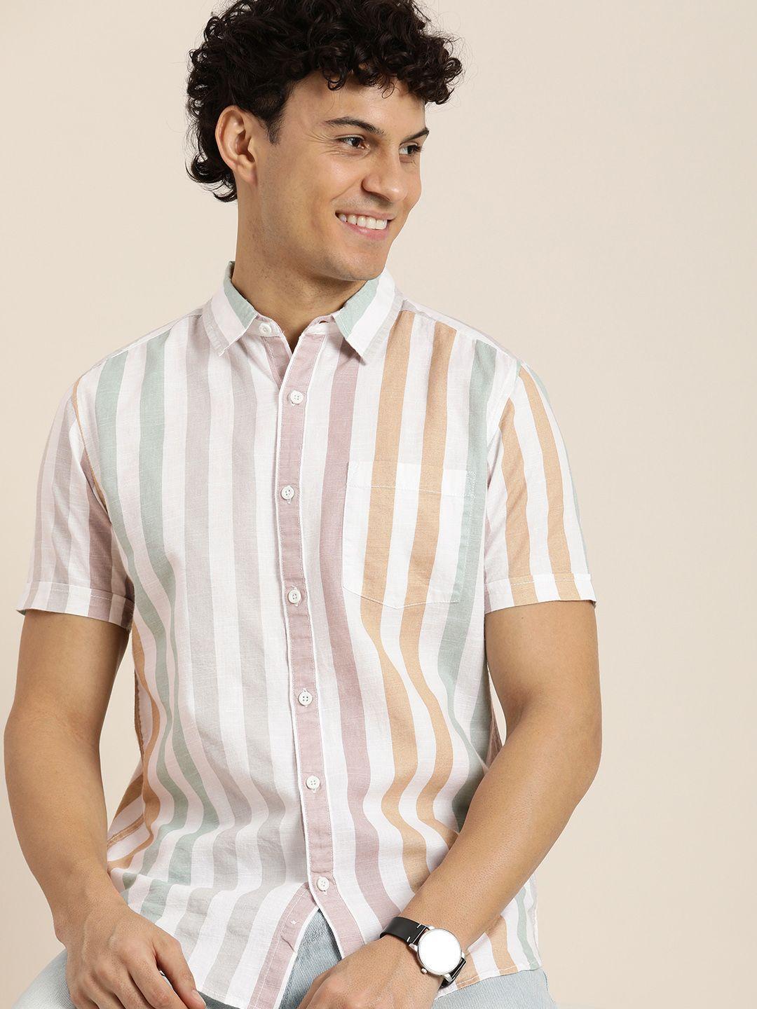 here&now men slim fit striped casual shirt