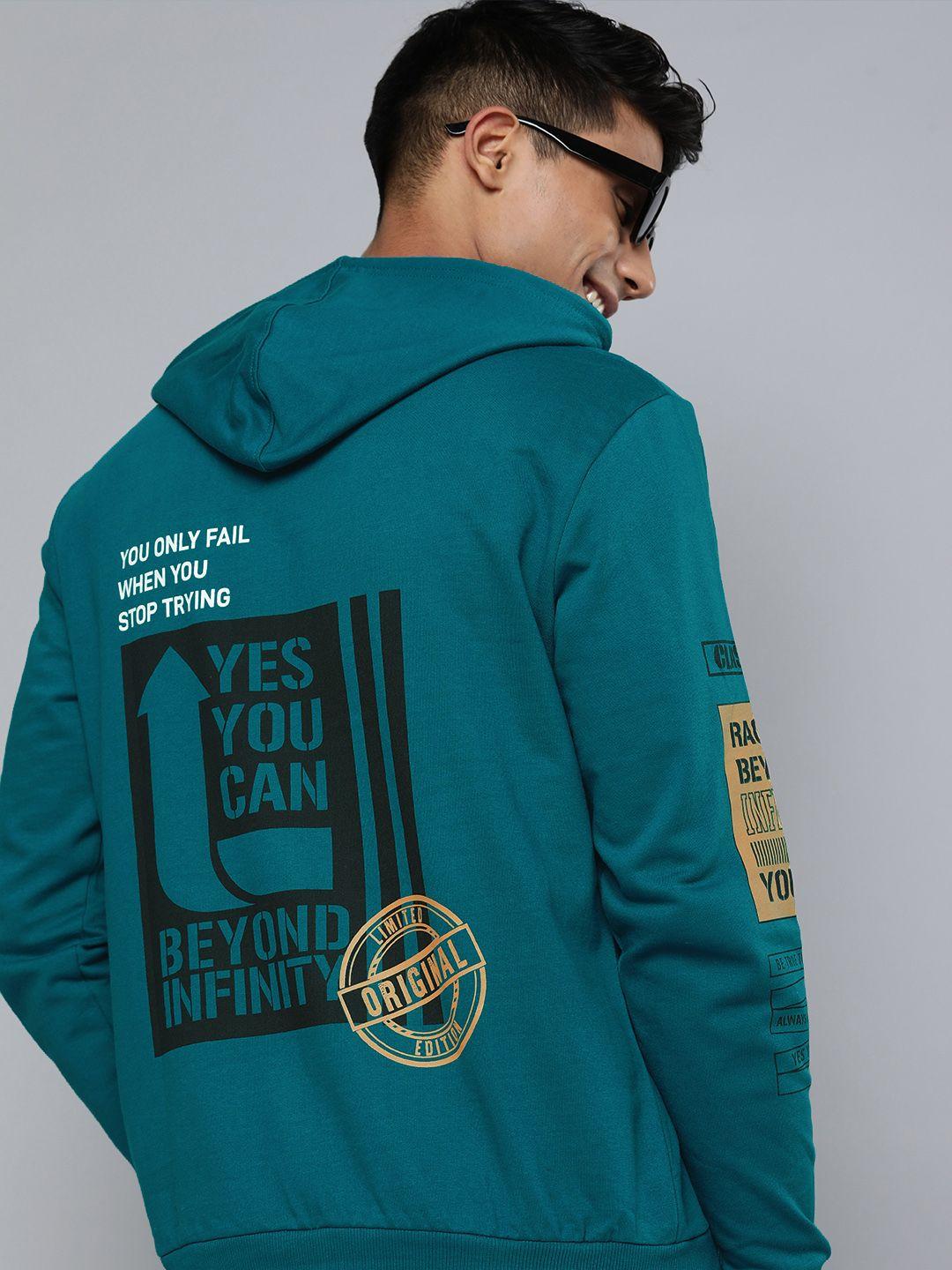 here&now men teal & yellow printed hooded sweatshirt