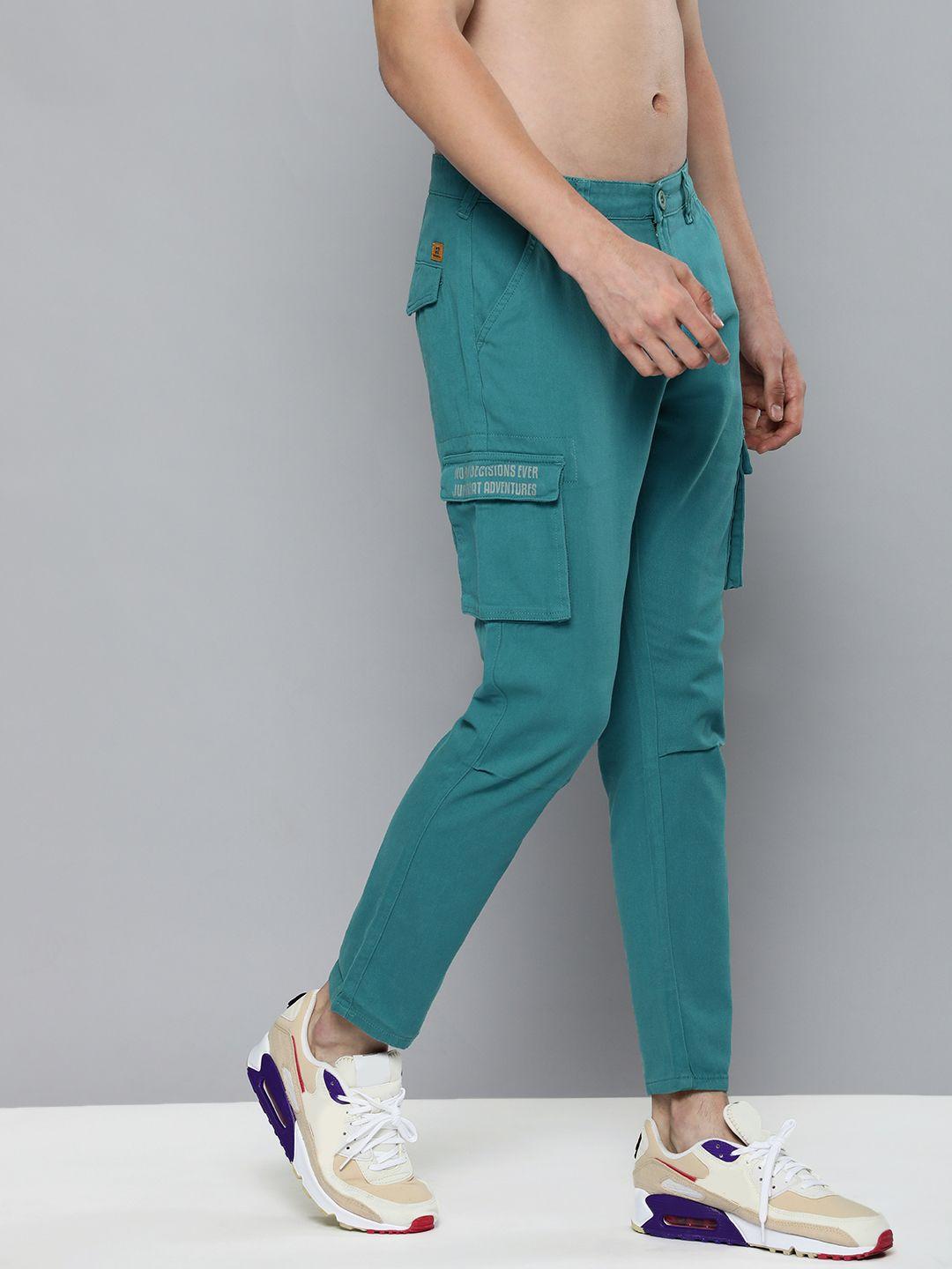 here&now men teal blue cropped cargo trousers