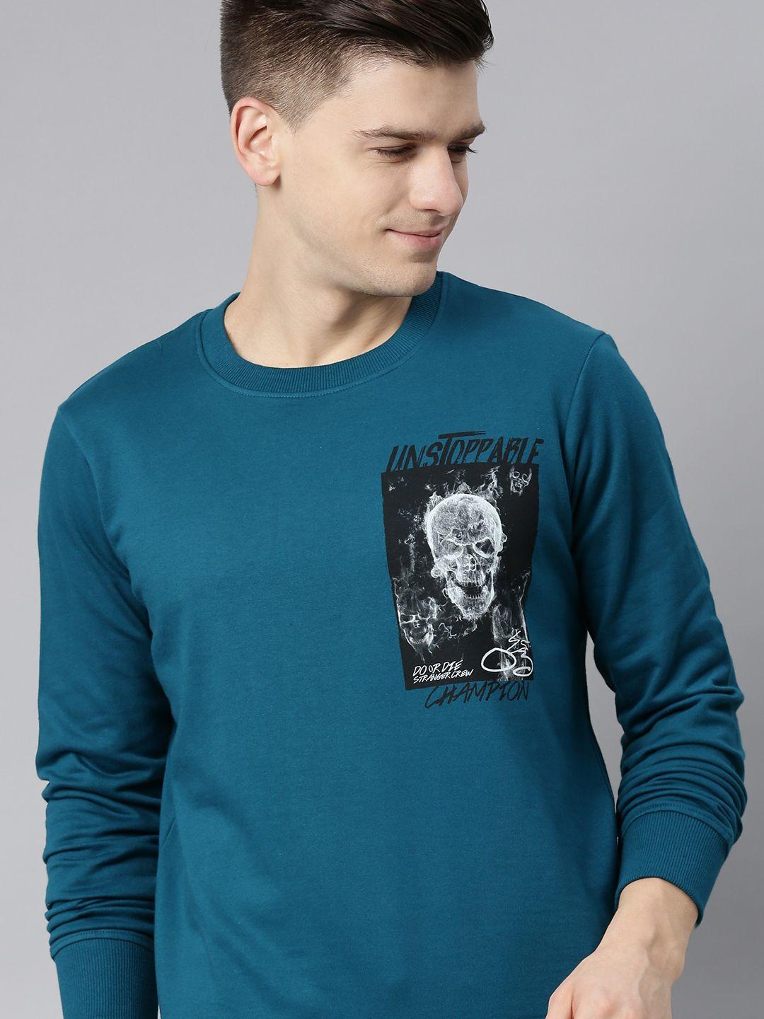 here&now men teal blue printed sweatshirt