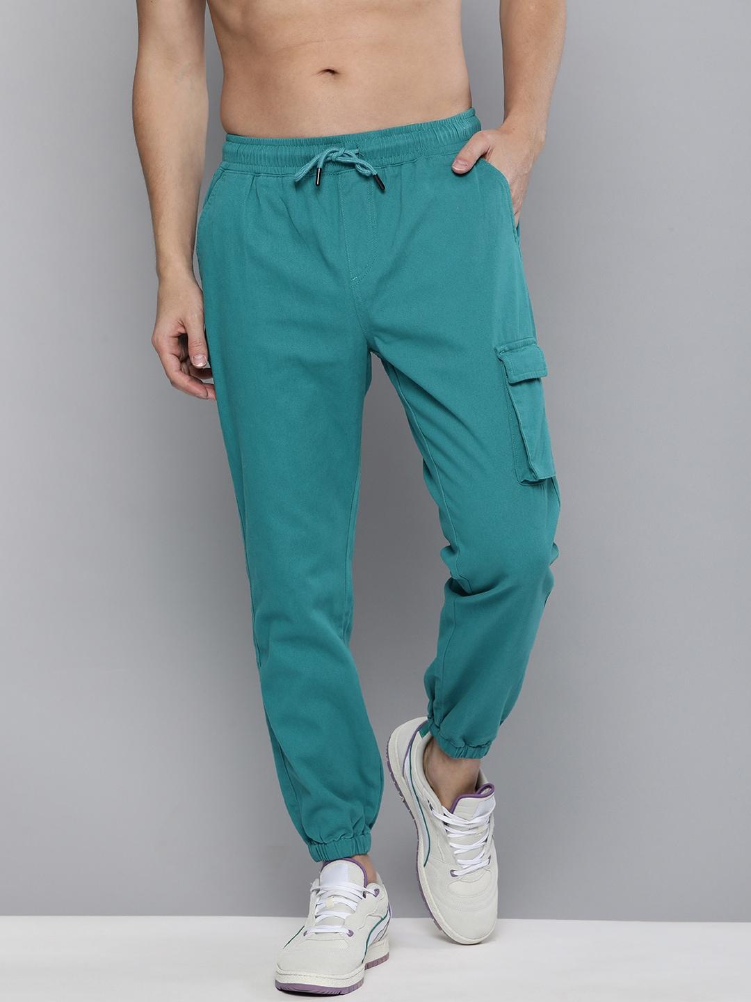 here&now men teal blue solid easy wash joggers trousers