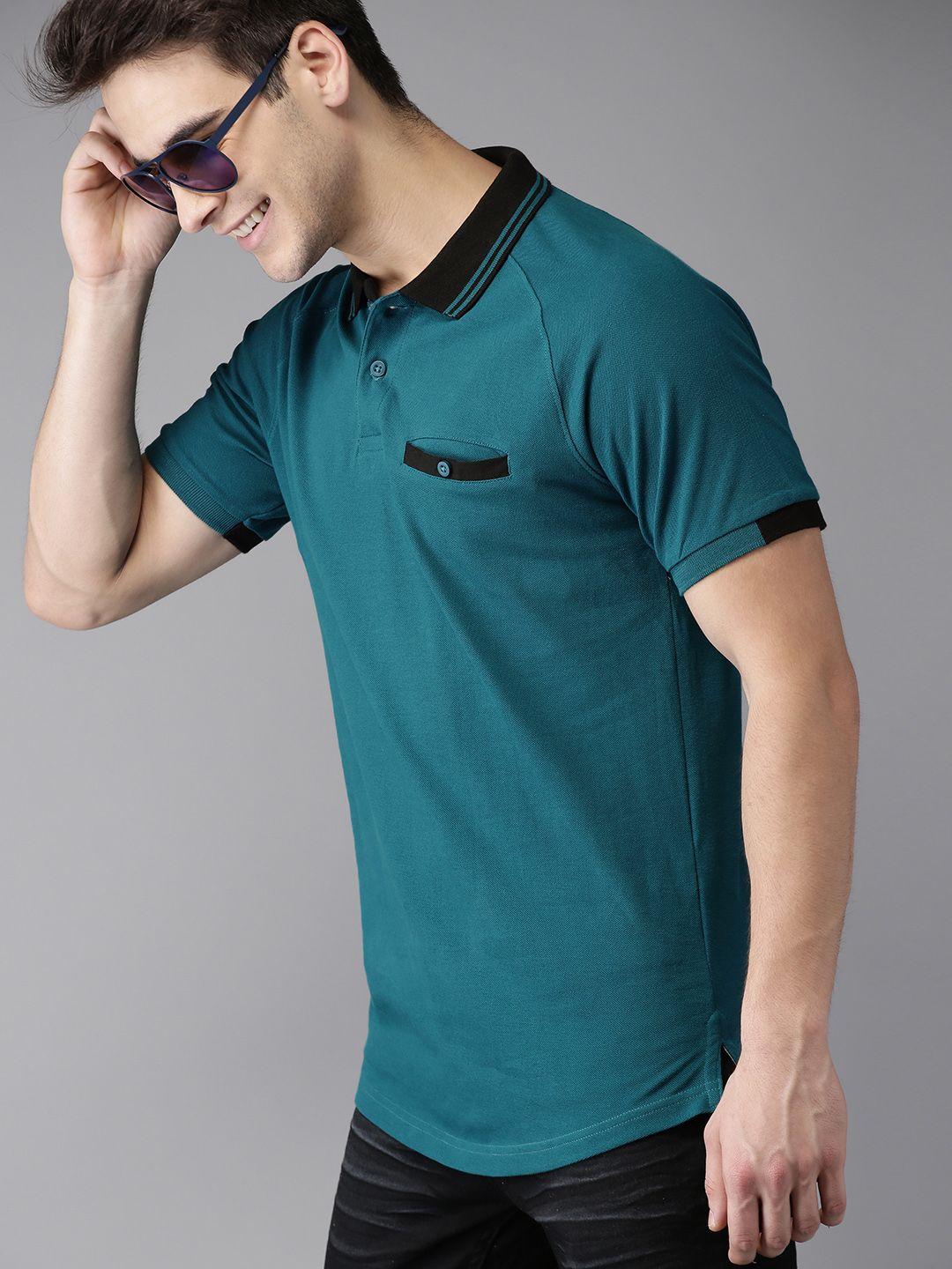 here&now men teal blue solid polo collar t-shirt