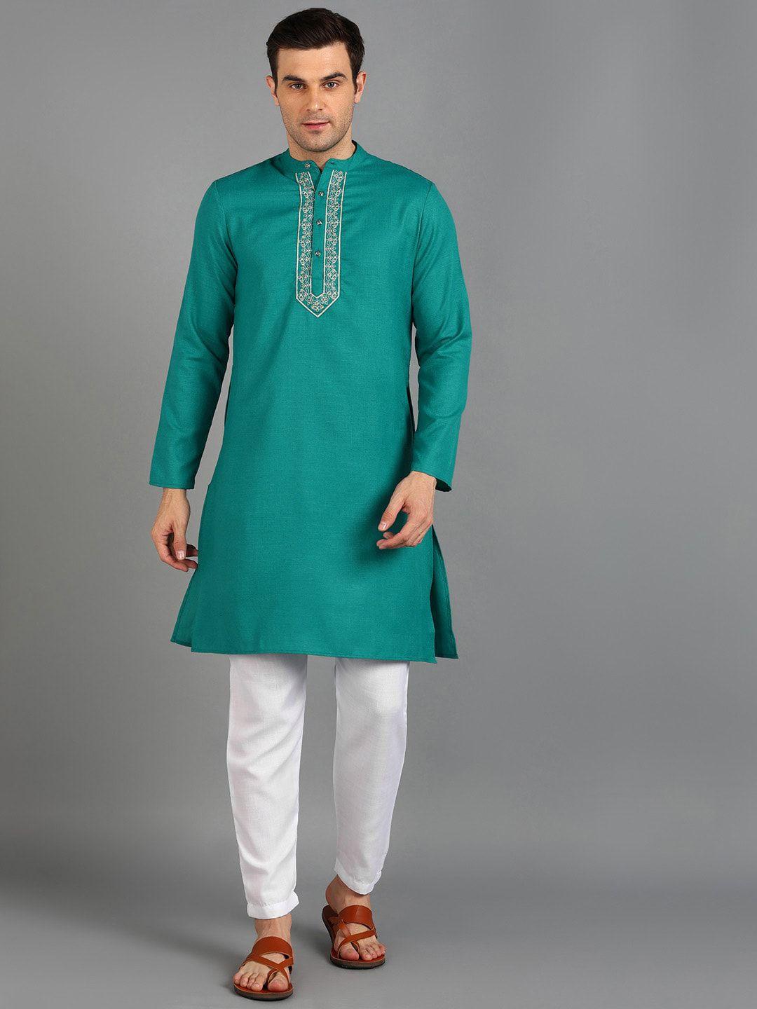 here&now men teal ethnic motifs yoke design regular thread work kurta with trousers