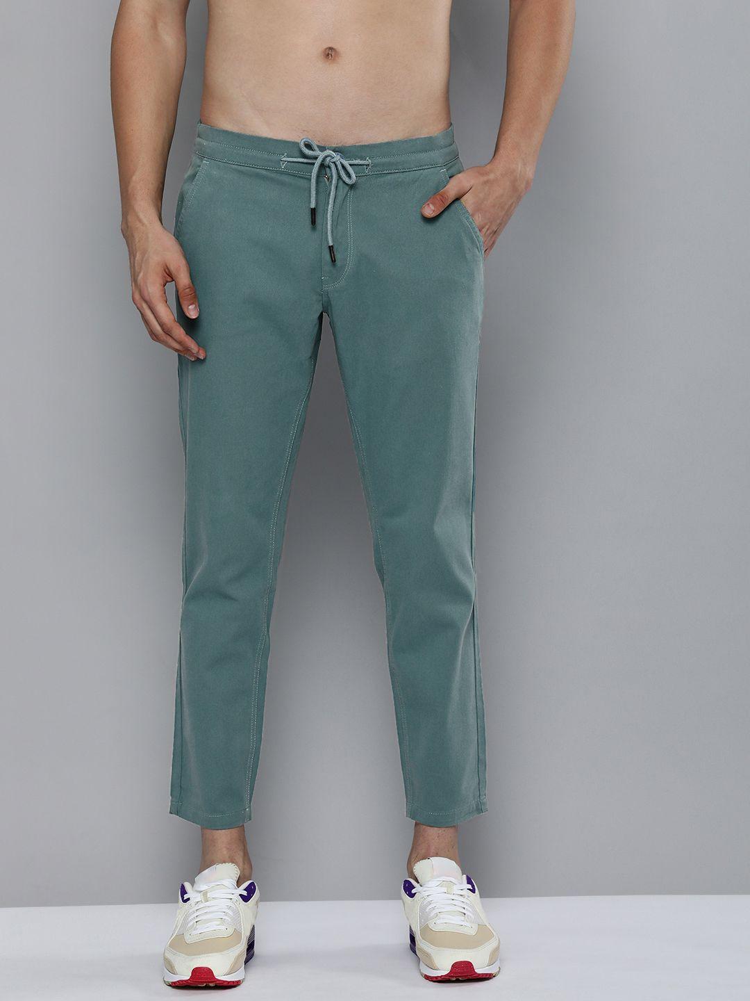 here&now men teal green cropped regular trousers