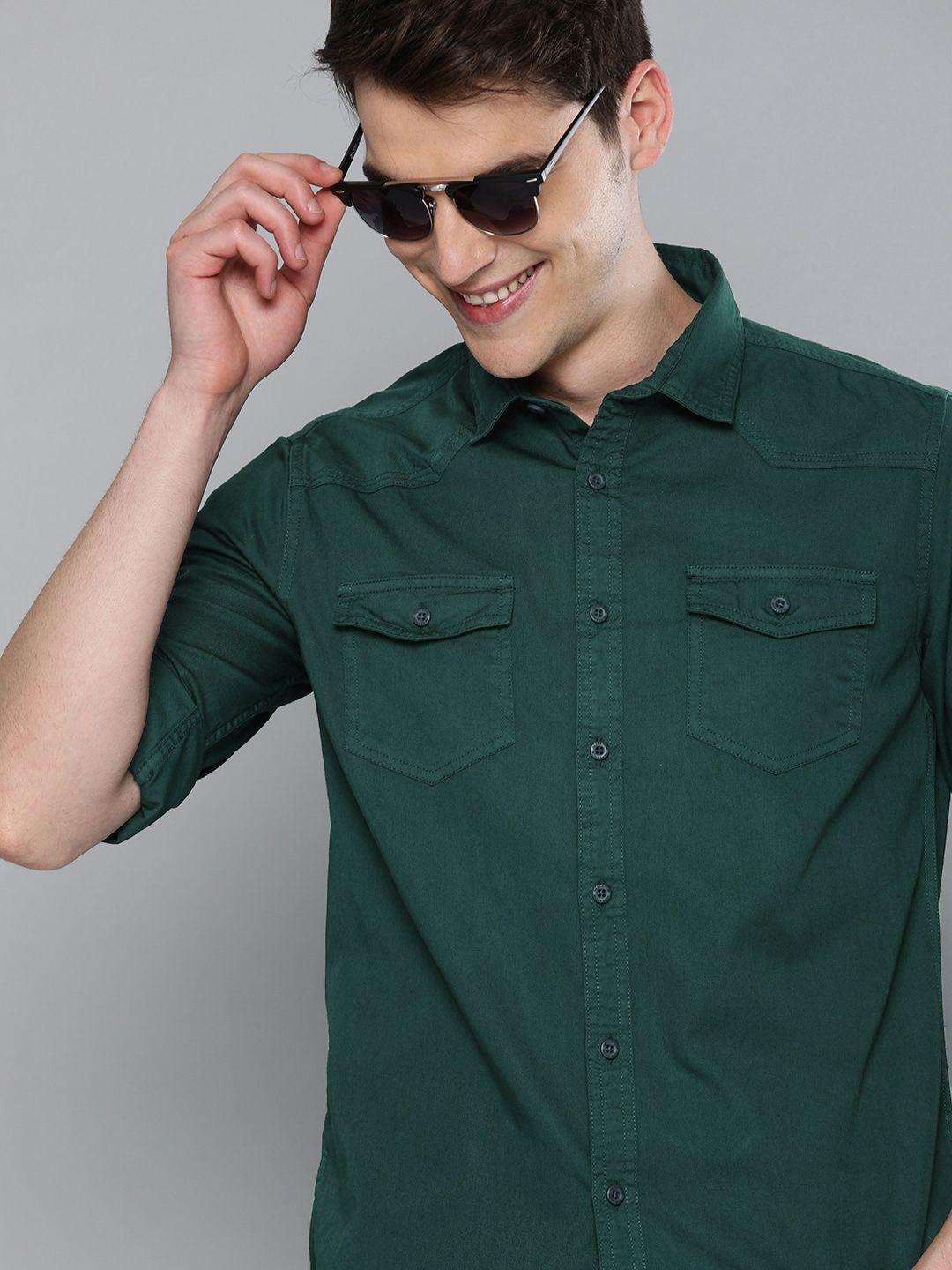 here&now men teal green slim fit solid casual shirt