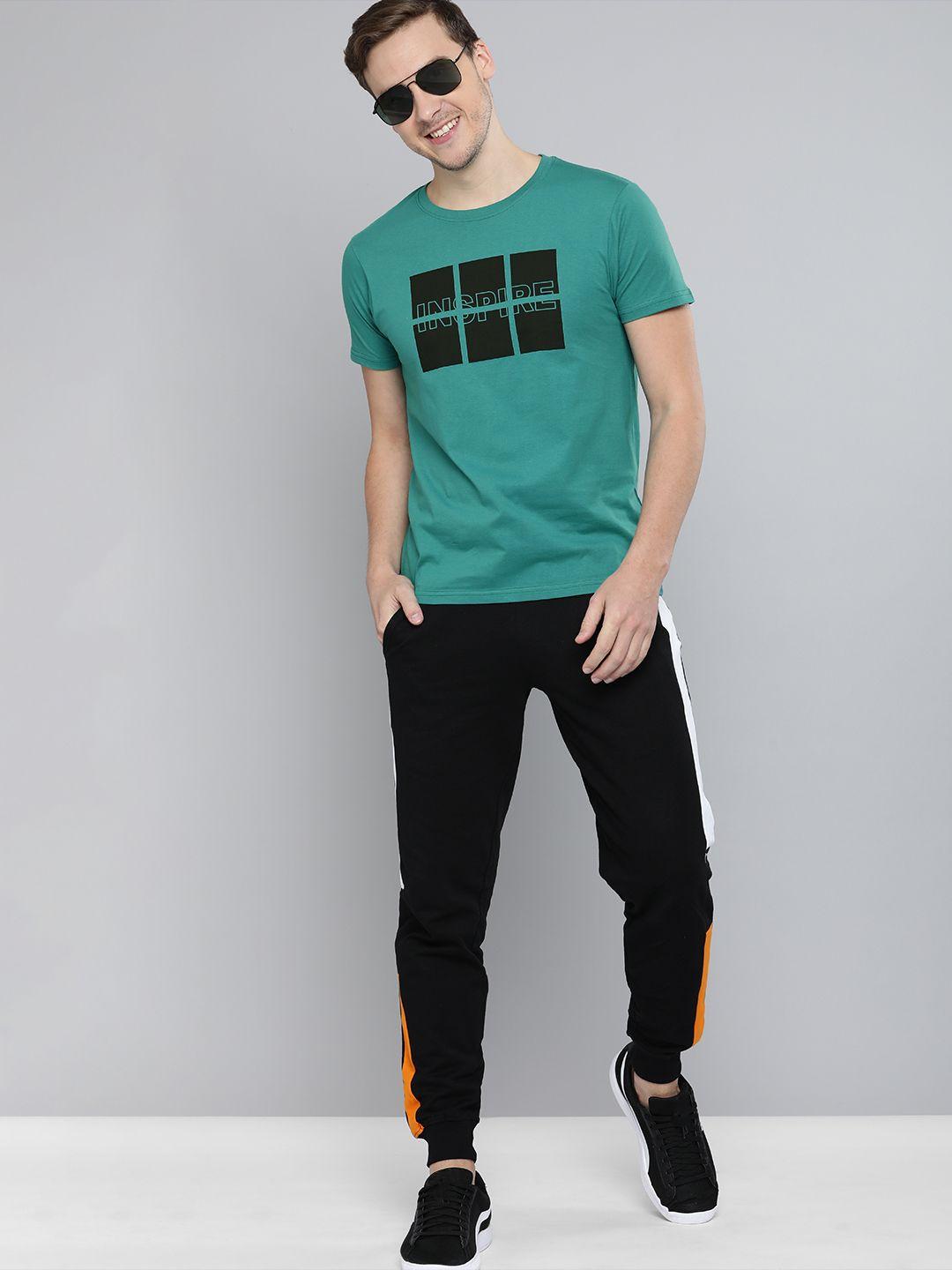 here&now men teal green typography printed pure cotton t-shirt