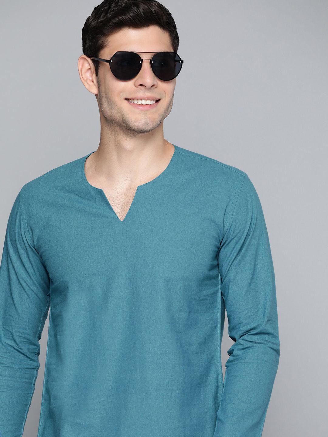 here&now men turquoise blue cotton kurta