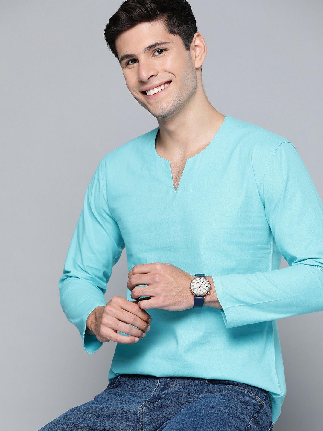 here&now men turquoise blue cotton kurta