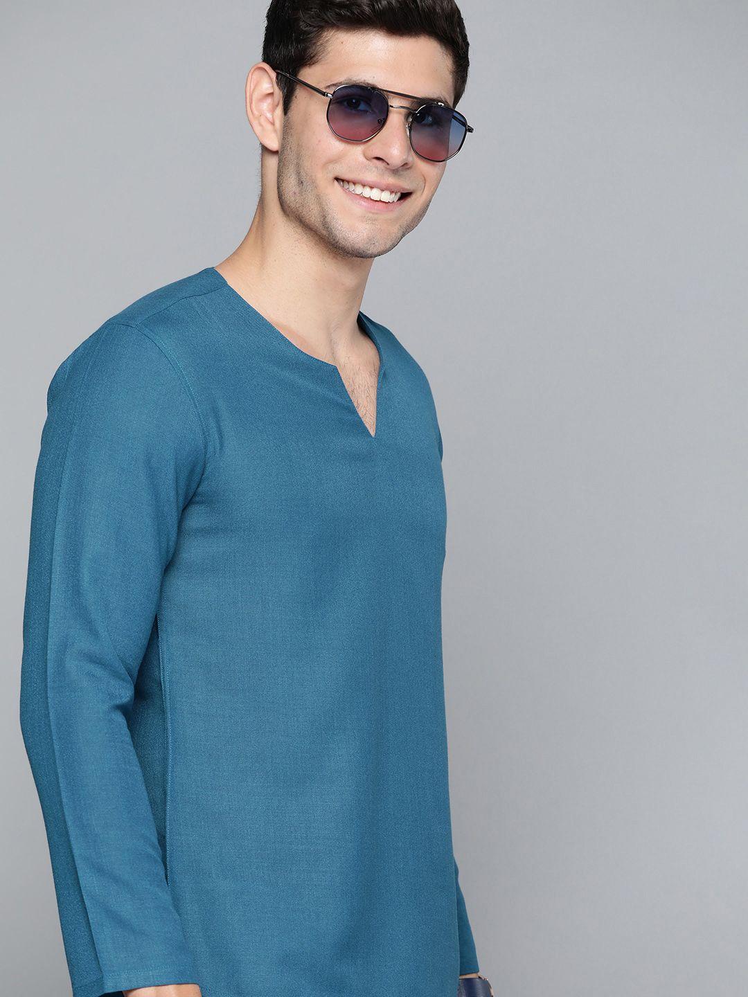 here&now men turquoise blue cotton kurta