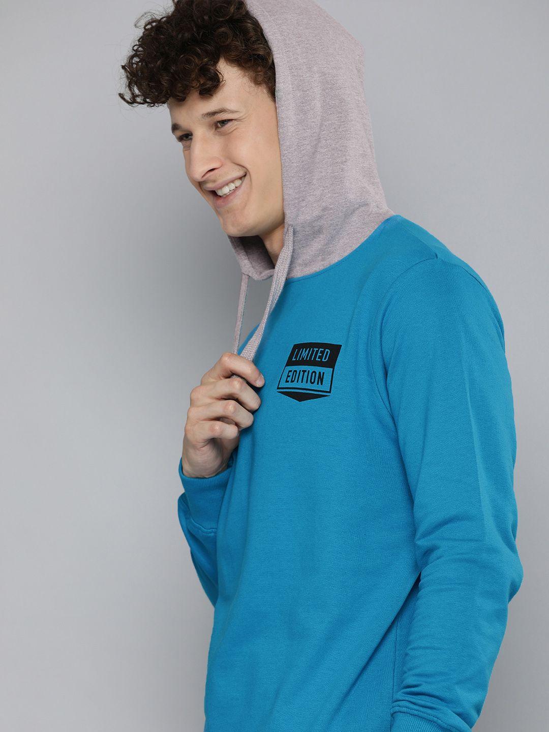 here&now men turquoise blue printed hooded sweatshirt