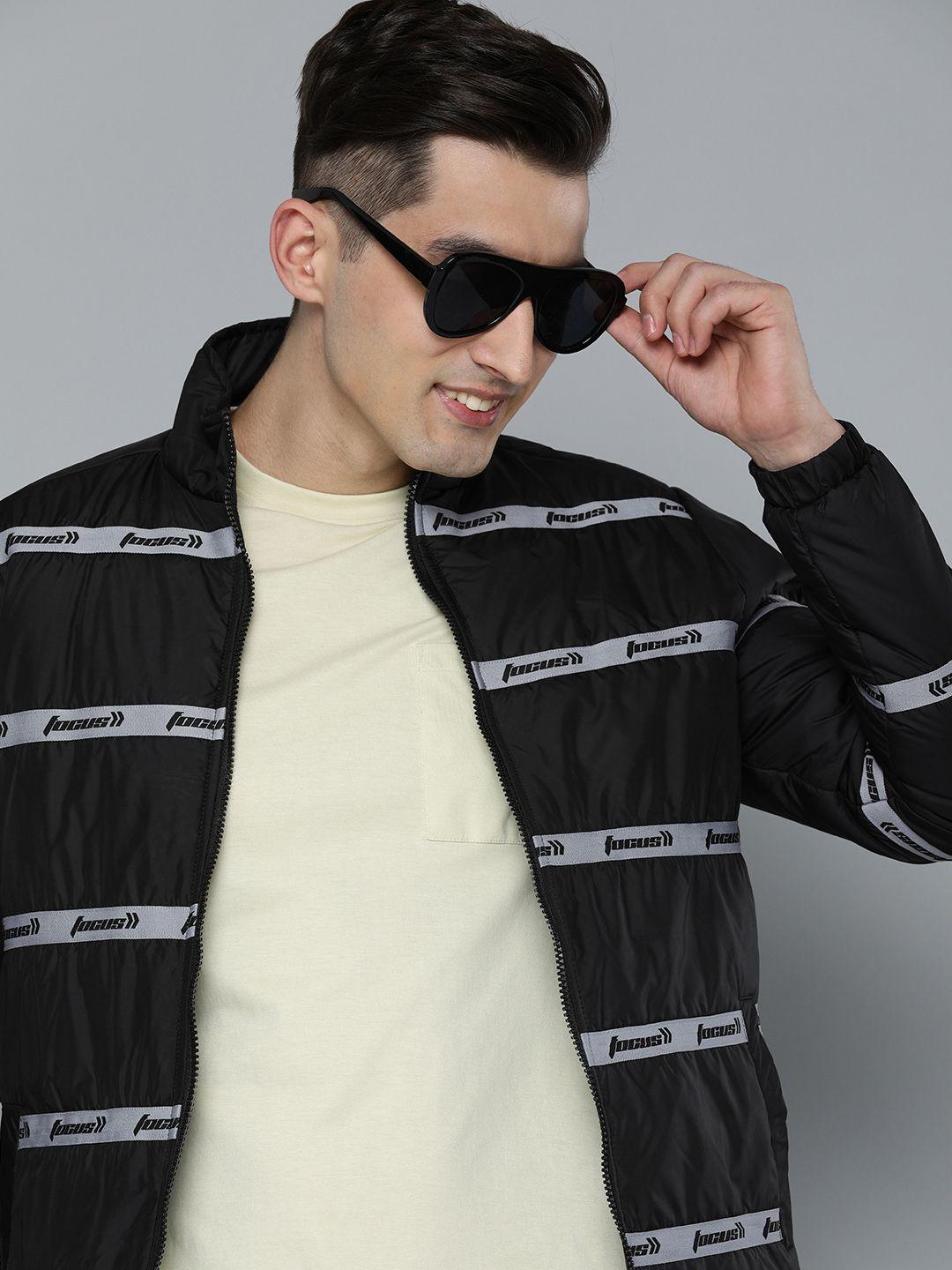 here&now men typography printed mock-collar padded jacket