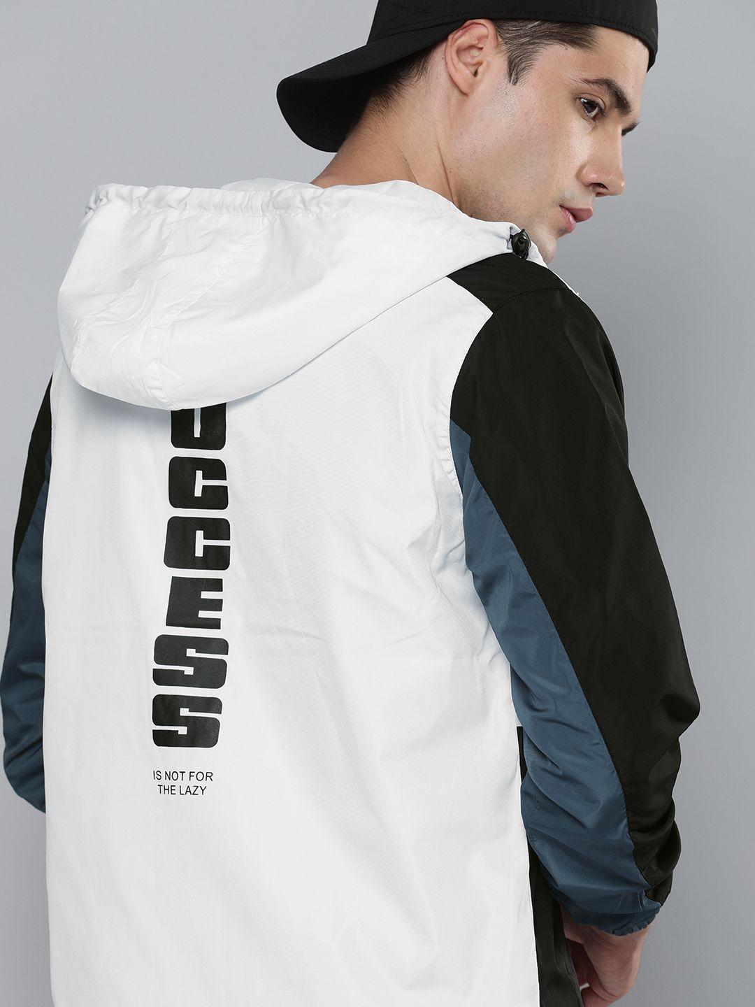 here&now men white & black colourblocked hooded sporty jacket