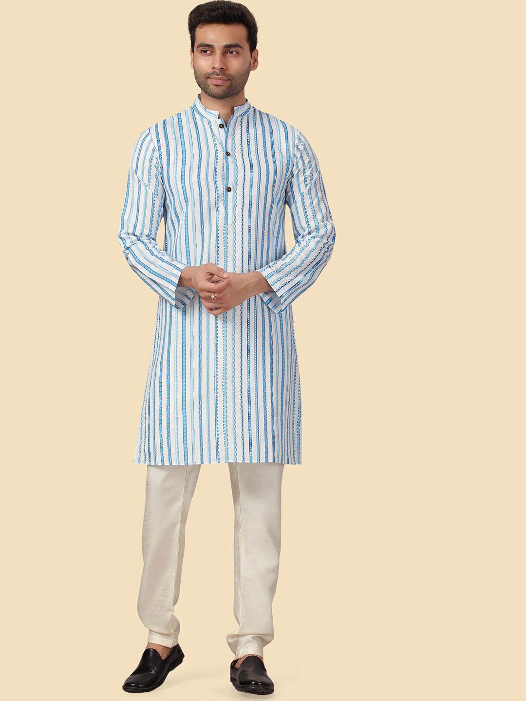 here&now men white & blue striped kurta