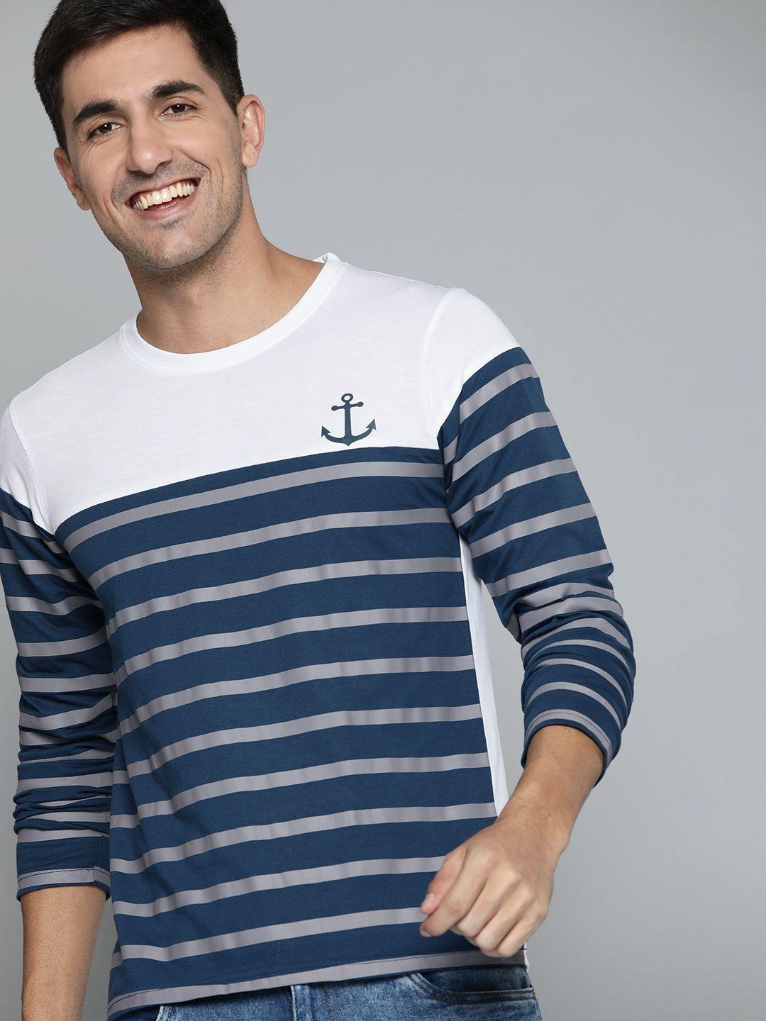 here&now men white & navy blue striped regular fit t-shirt