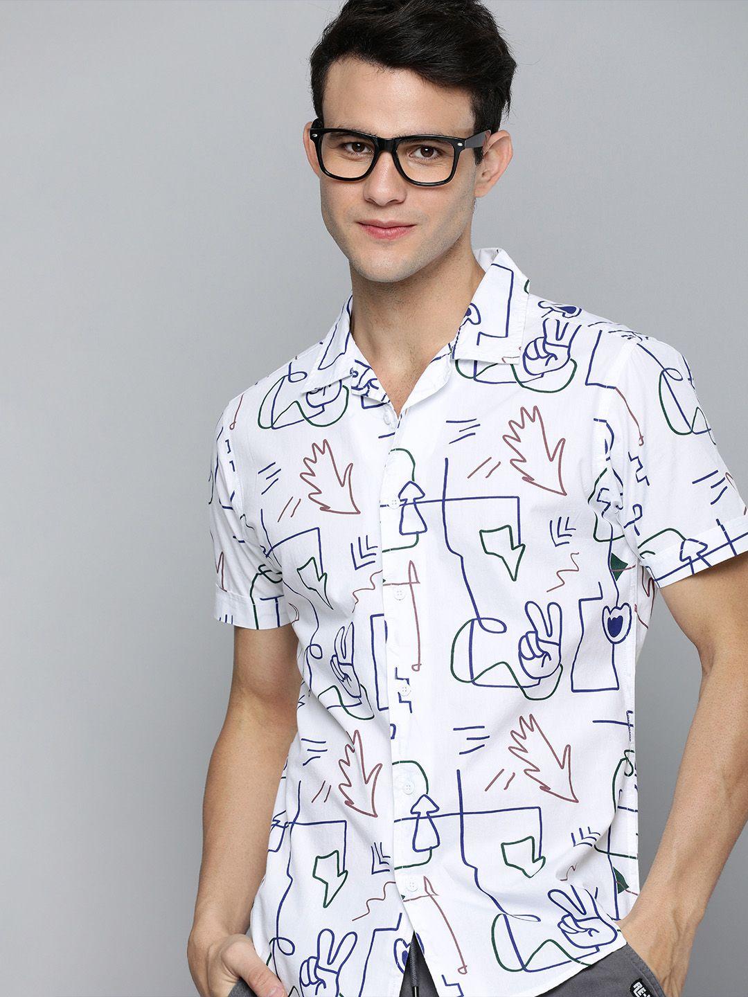 here&now men white cotton slim fit printed casual shirt