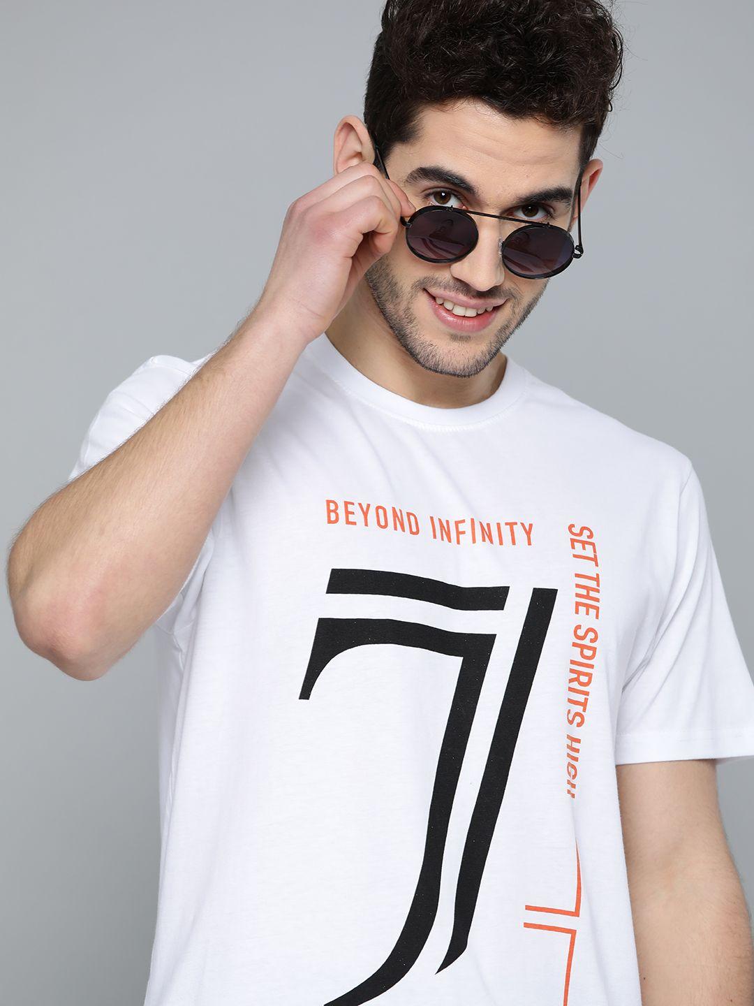 here&now men white printed pure cotton round neck t-shirt