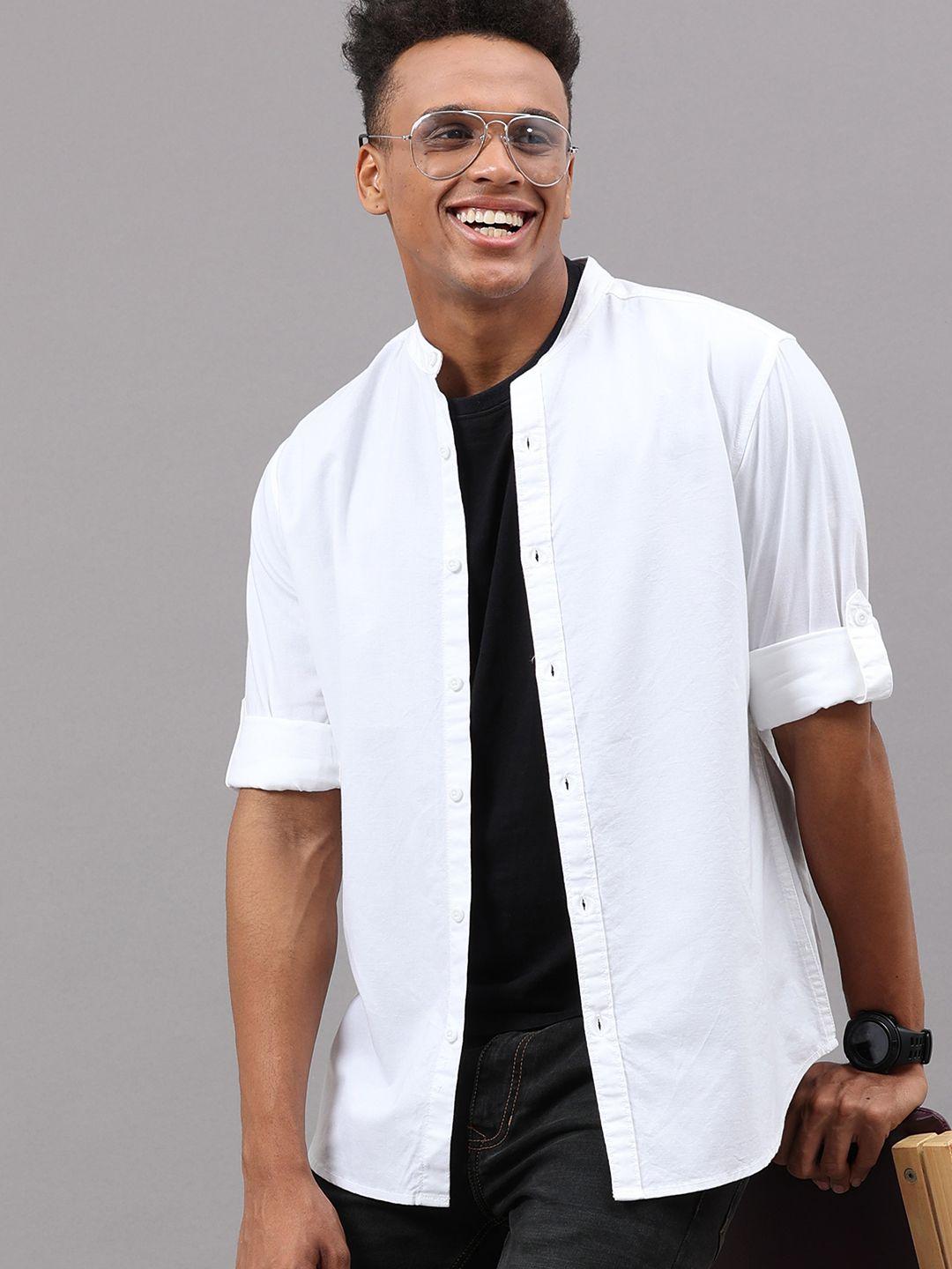 here&now men white regular fit cotton casual shirt