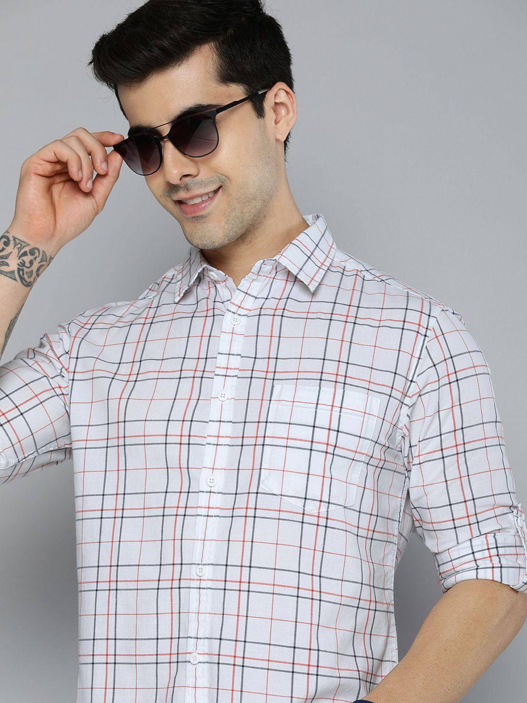 here&now men white slim fit checked casual shirt
