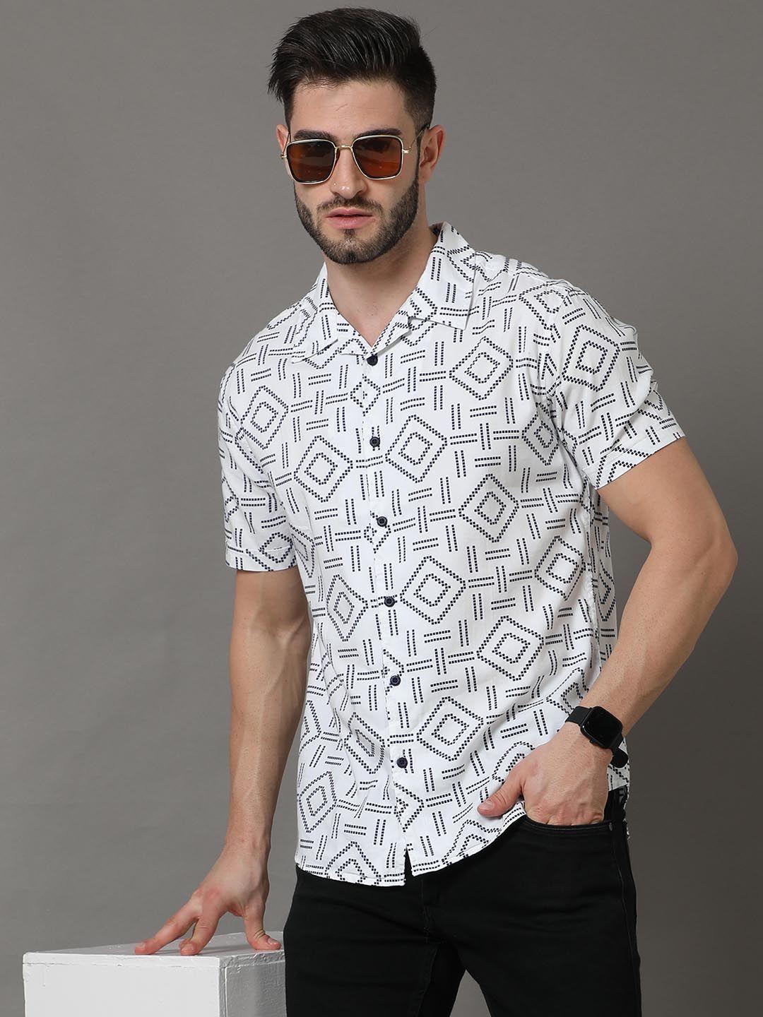 here&now men white slim fit printed casual shirt