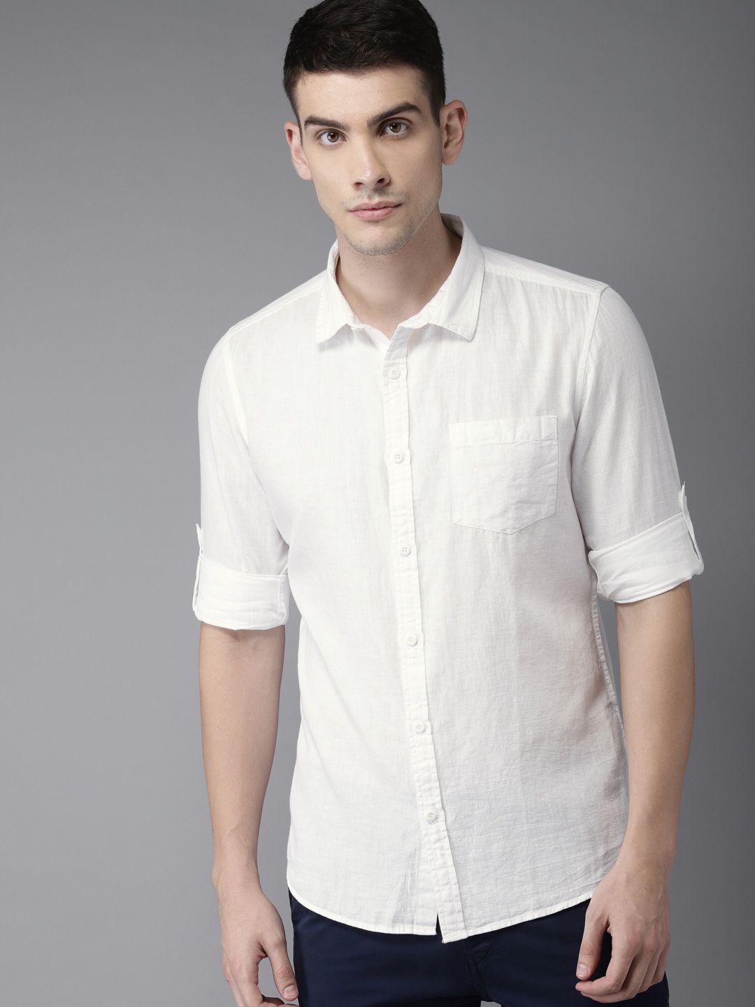 here&now men white slim fit solid casual shirt