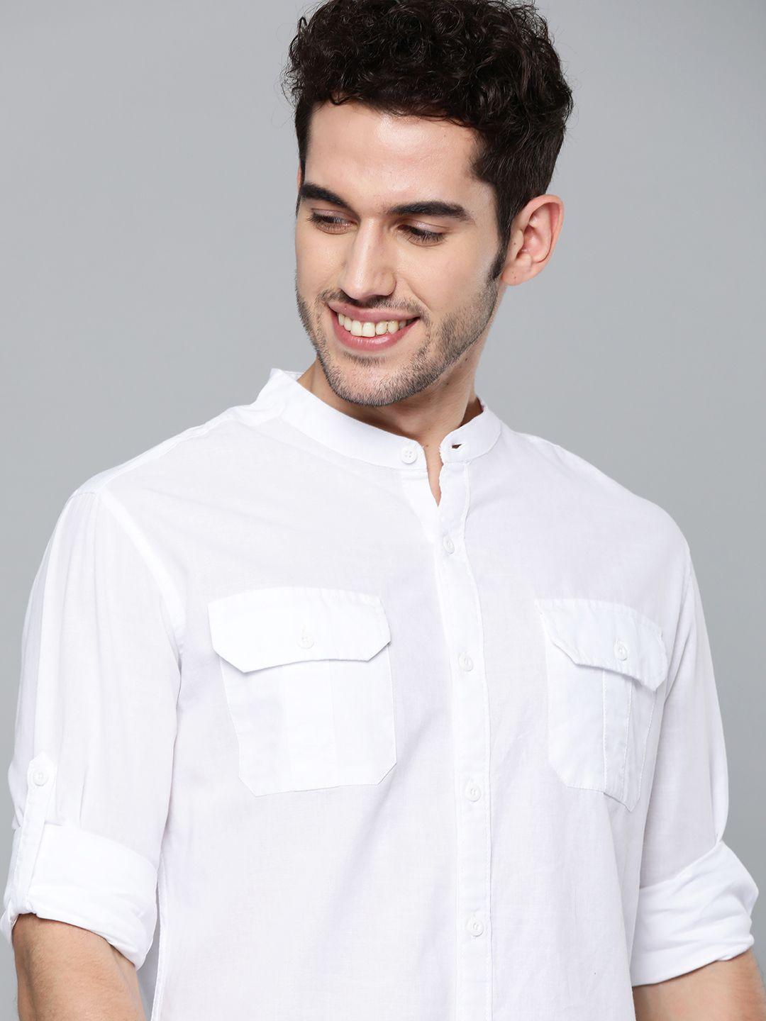 here&now men white slim fit solid pure cotton casual shirt