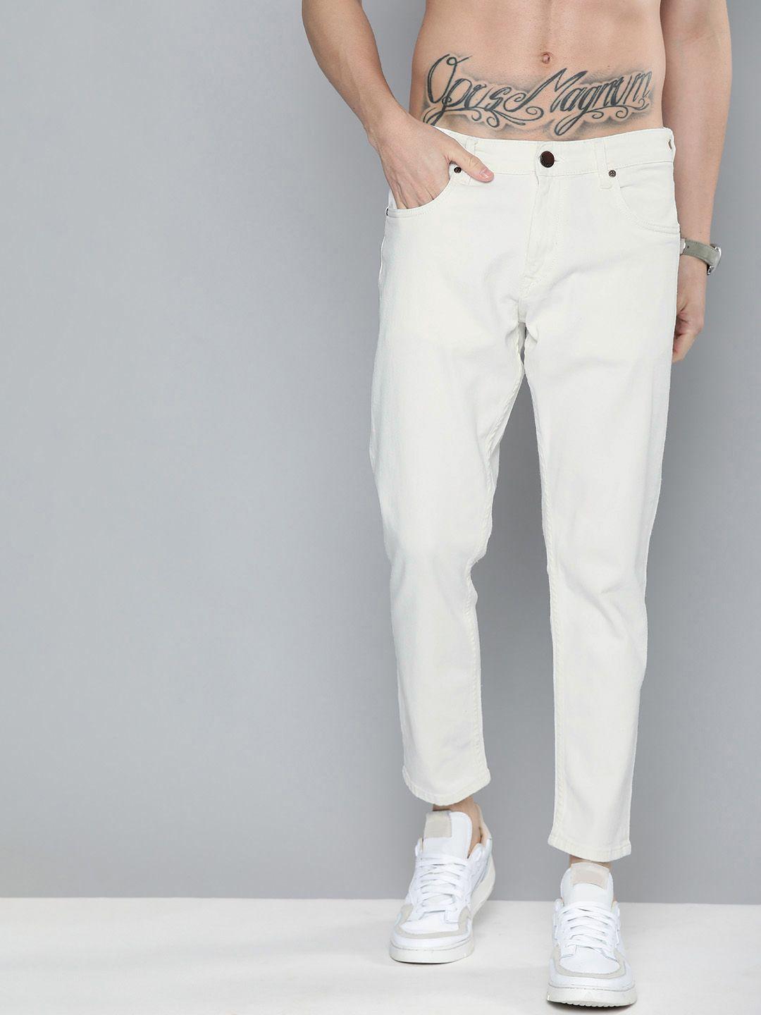 here&now men white slim tapered fit mid-rise clean look stretchable ankle-length jeans