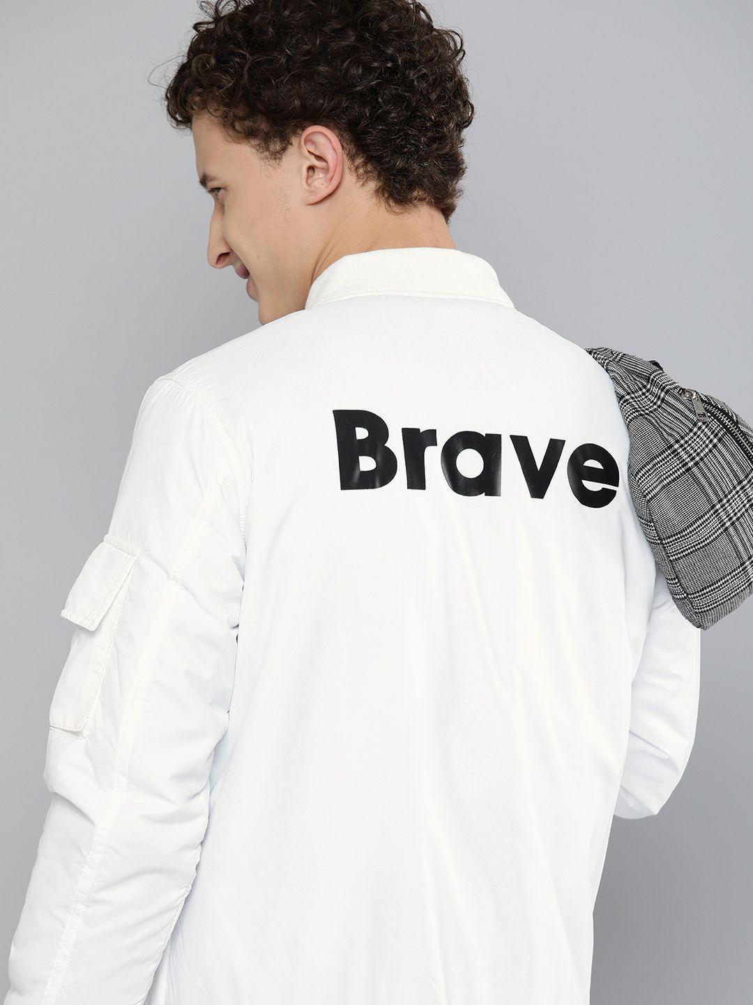 here&now men white typography bomber jacket