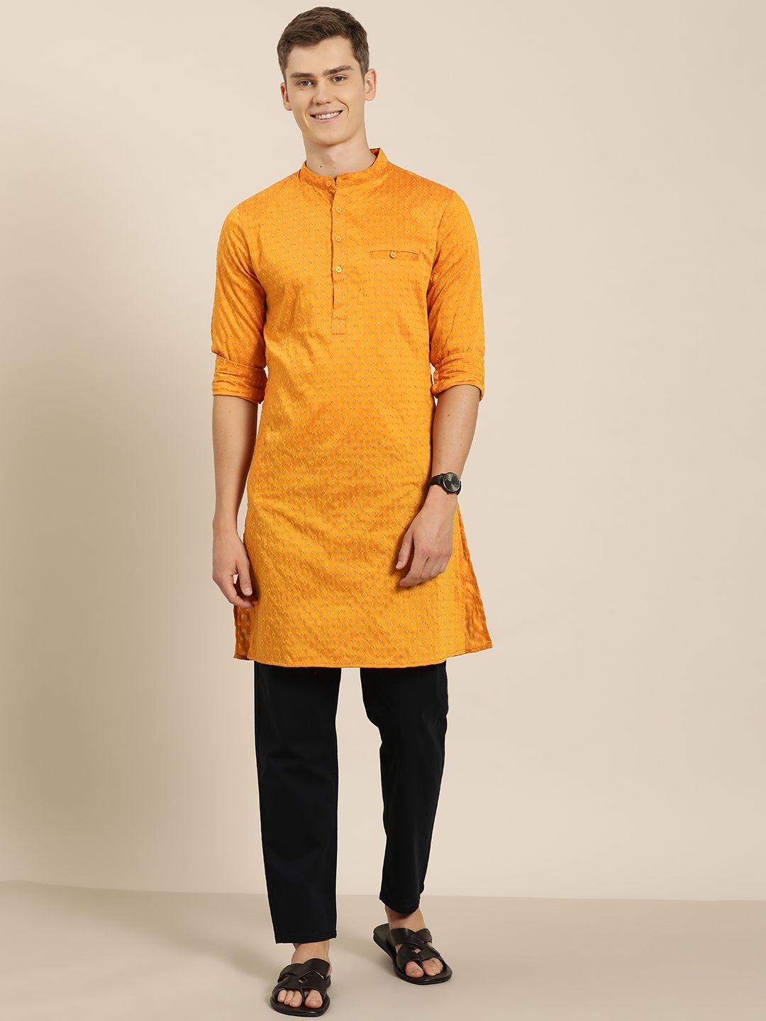 here&now men woven design mandarin collar kurta