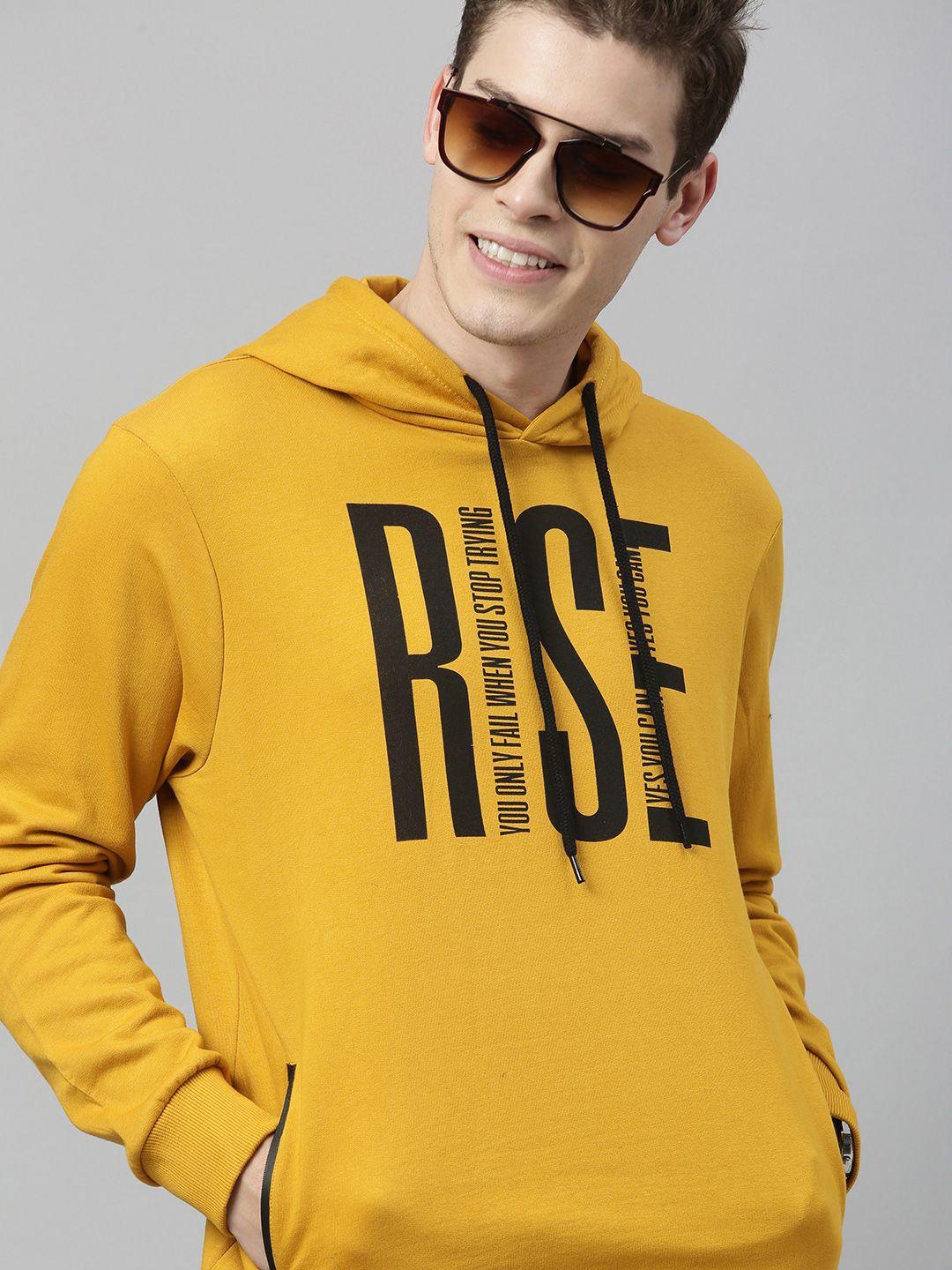 here&now men yellow & black printed hooded sweatshirt