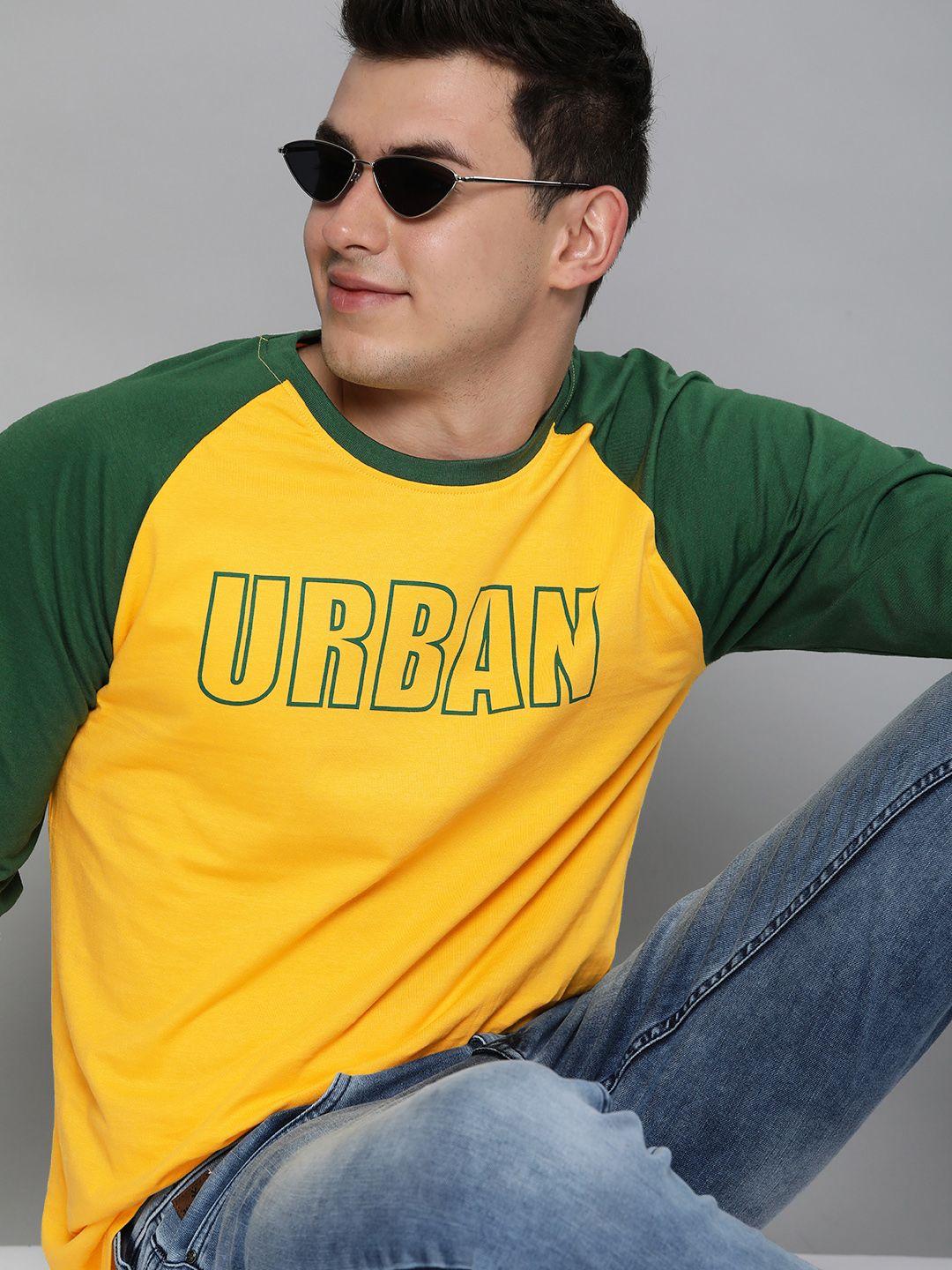 here&now men yellow & green colourblocked typography printed casual t-shirt