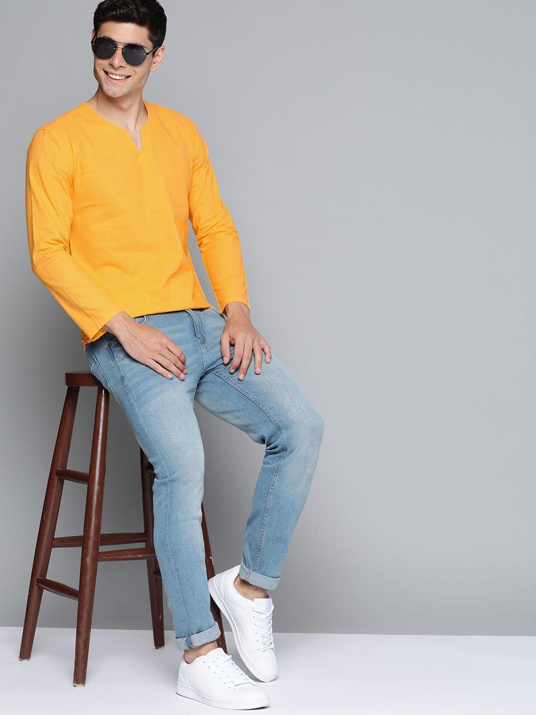 here&now men yellow cotton kurta