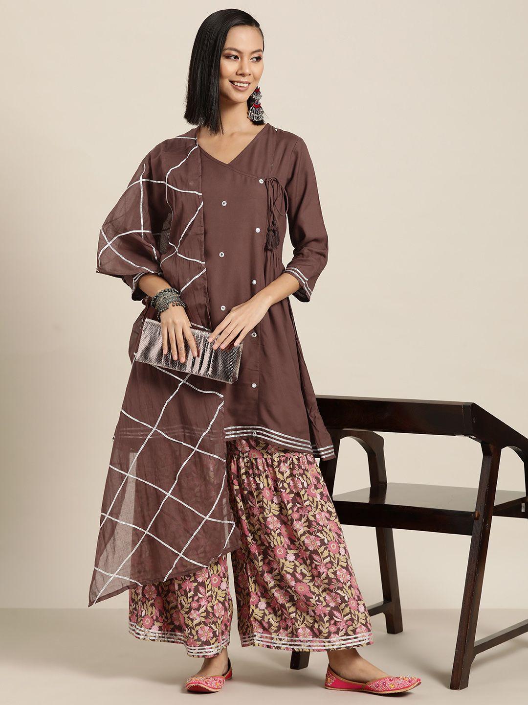 here&now mirror-work angrakha gotta patti kurta with sharara & dupatta