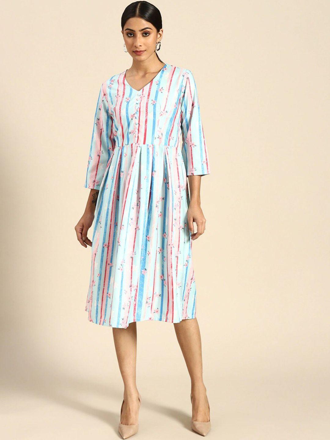 here&now multicoloured & blue print crepe a-line midi dress