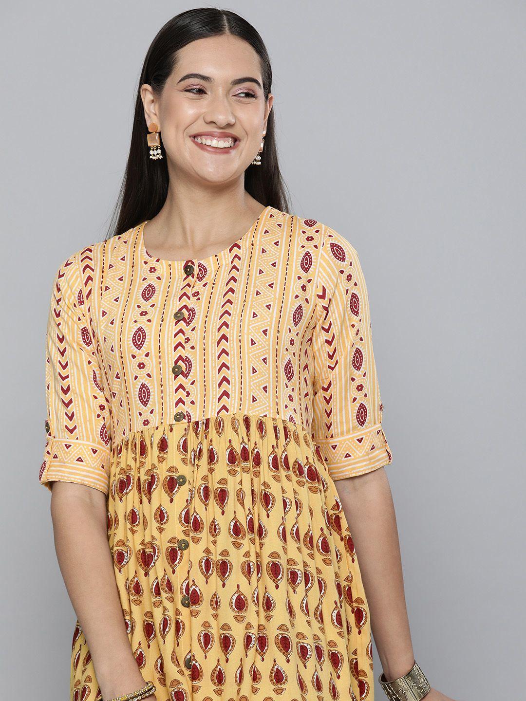 here&now mustard ethnic motifs printed a-line ethnic dress